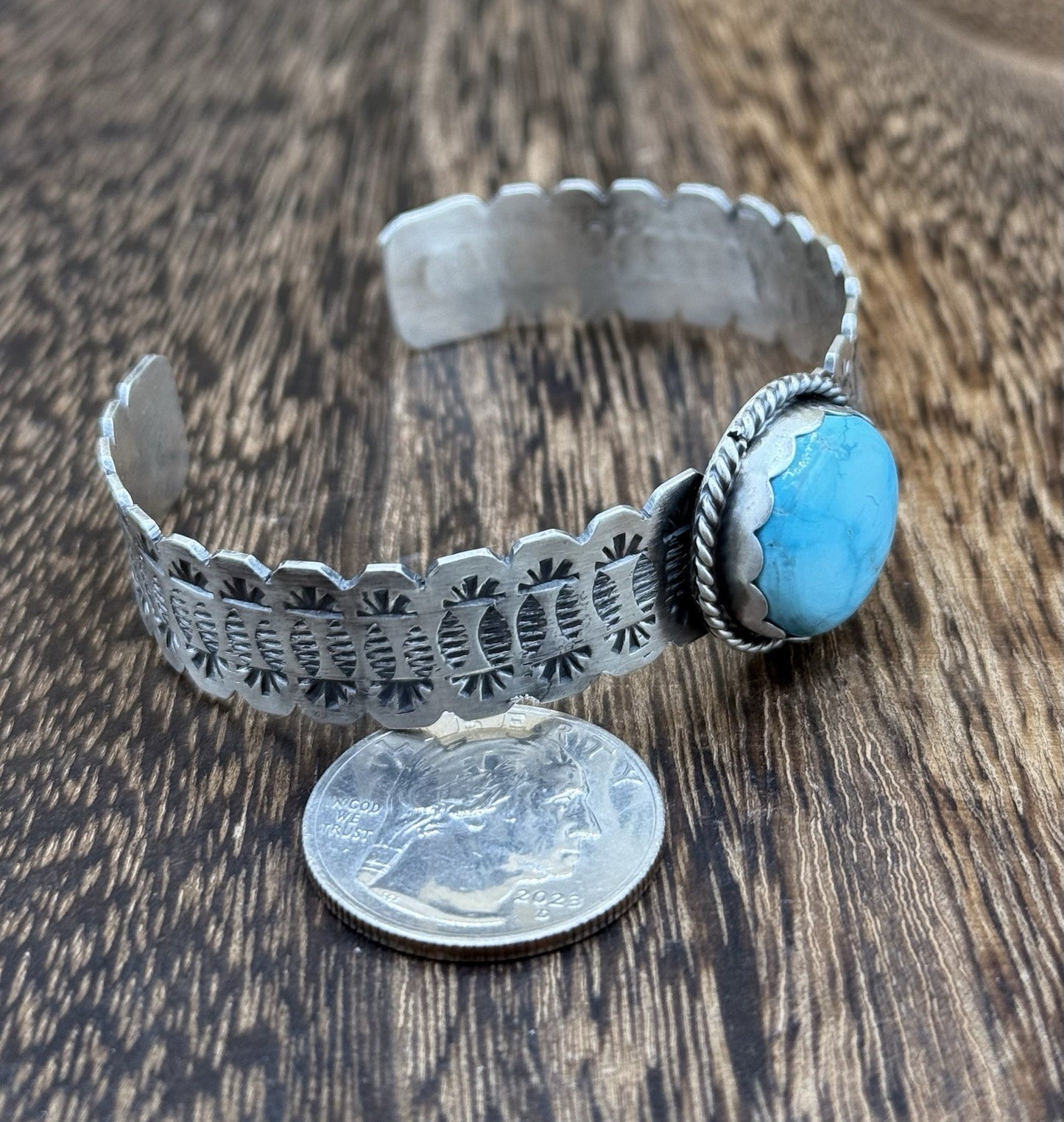 Navajo Handmade Sterling Silver Blue Bird Turquoise Stacker Cuff Bracelet