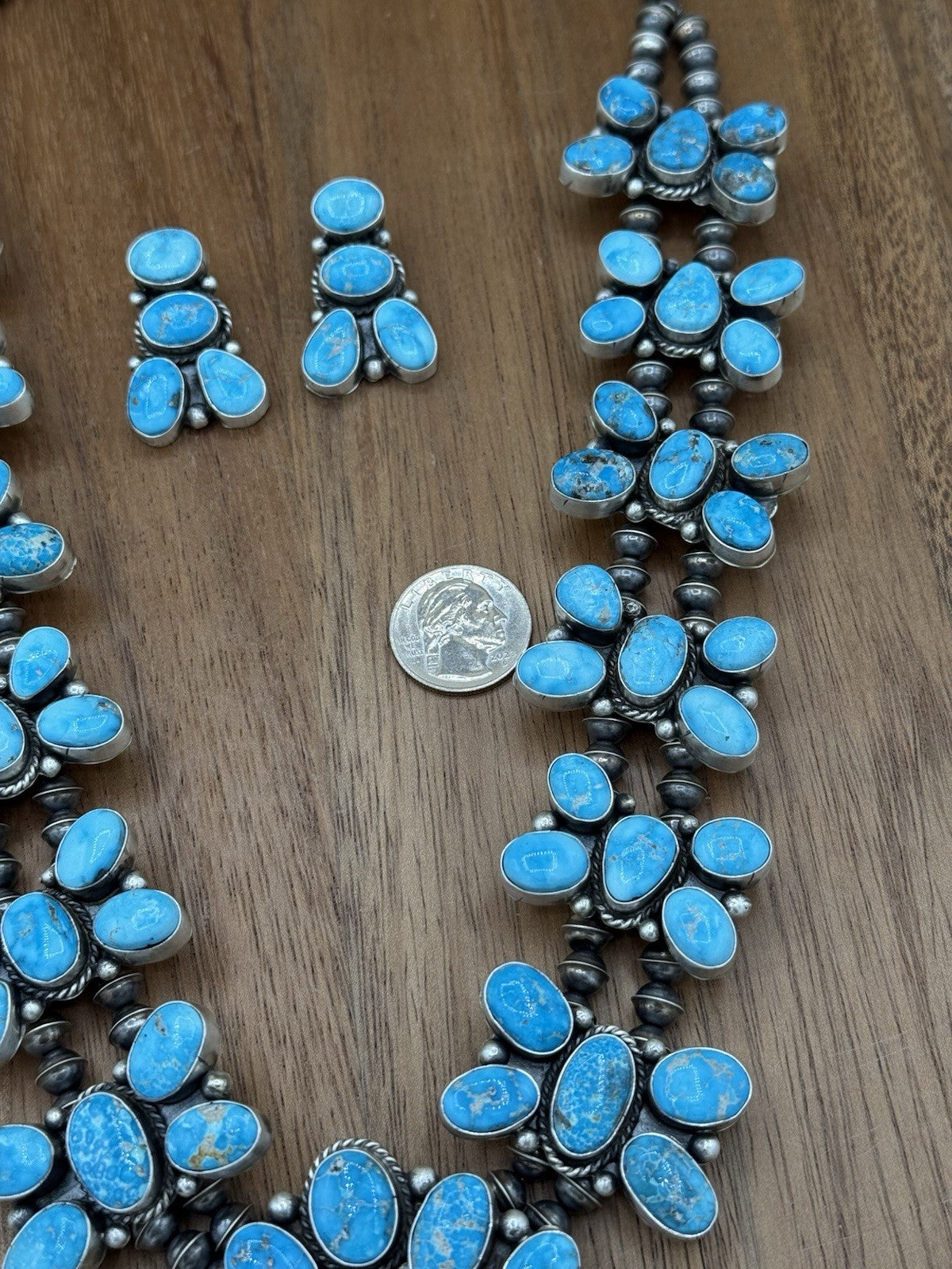 Navajo Handmade Sterling Silver Blue Ridge Turquoise Squash Blossom Necklace