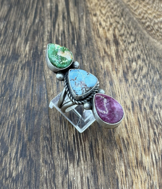 Native Navajo Handmade Sterling Silver Mixed Stone Turquoise Cluster Ring Size 9