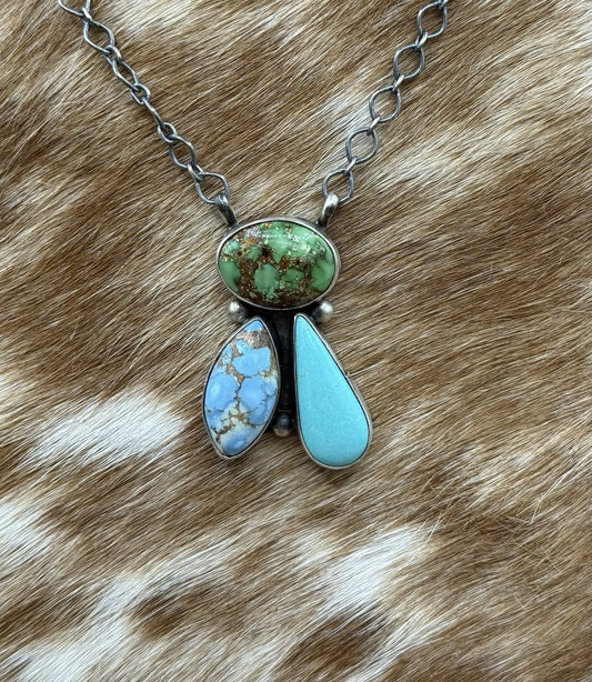 Navajo Handmade Sterling Silver Mixed Turquoise  Cluster Bar Necklace 18”