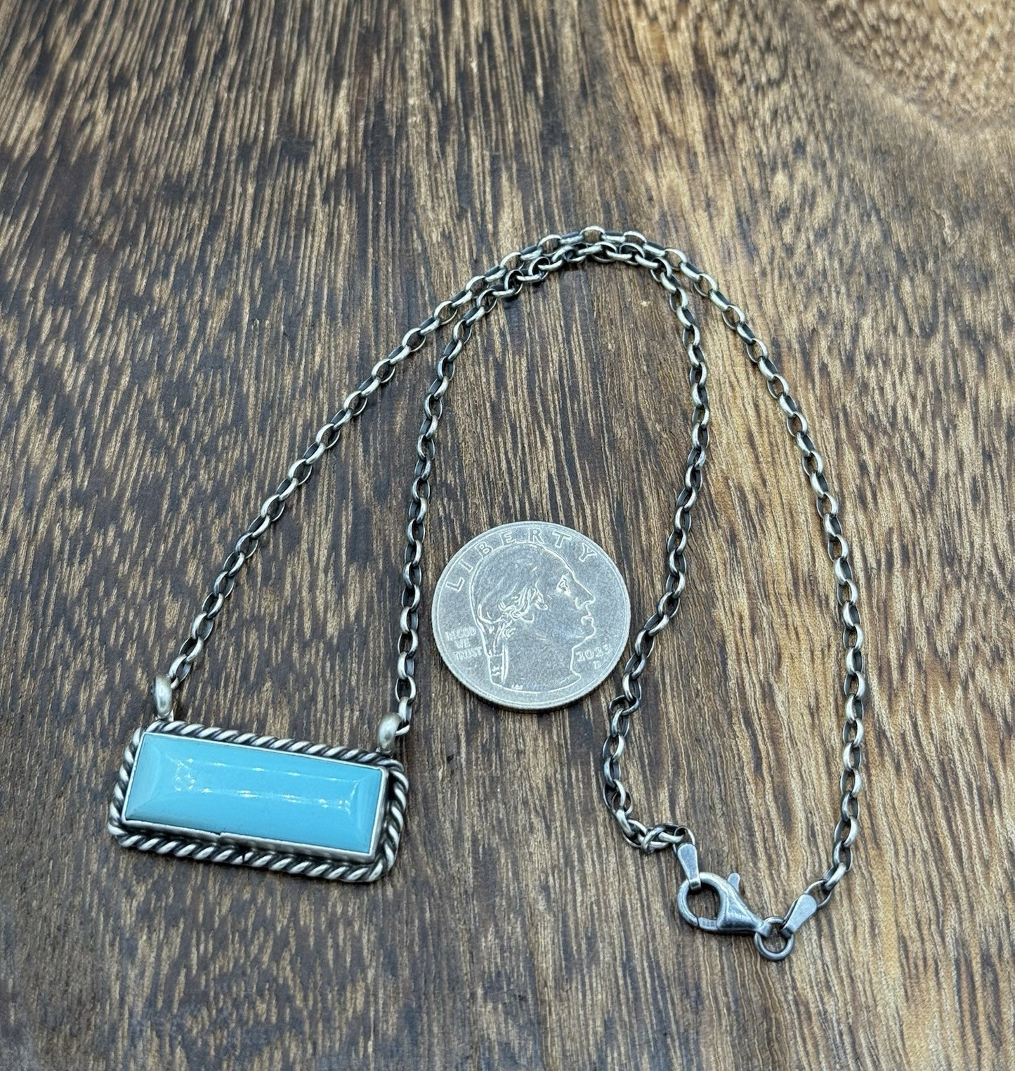 Navajo Handmade Sterling Silver Kingman Turquoise Bar Necklace 16” Augustine L.