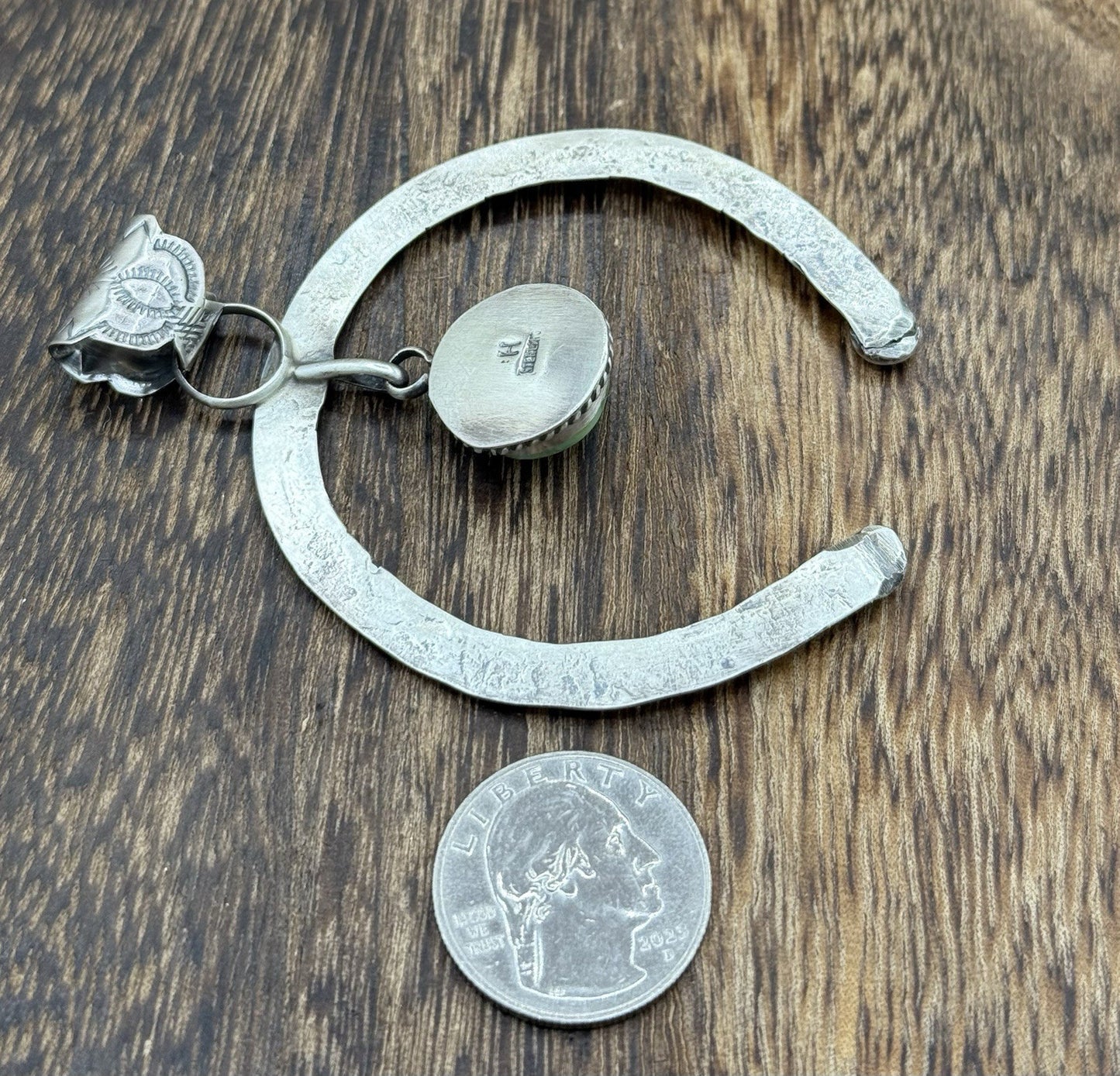 Navajo Handmade Sterling Silver Stamped Sonoran Gold Turquoise Naja Pendant