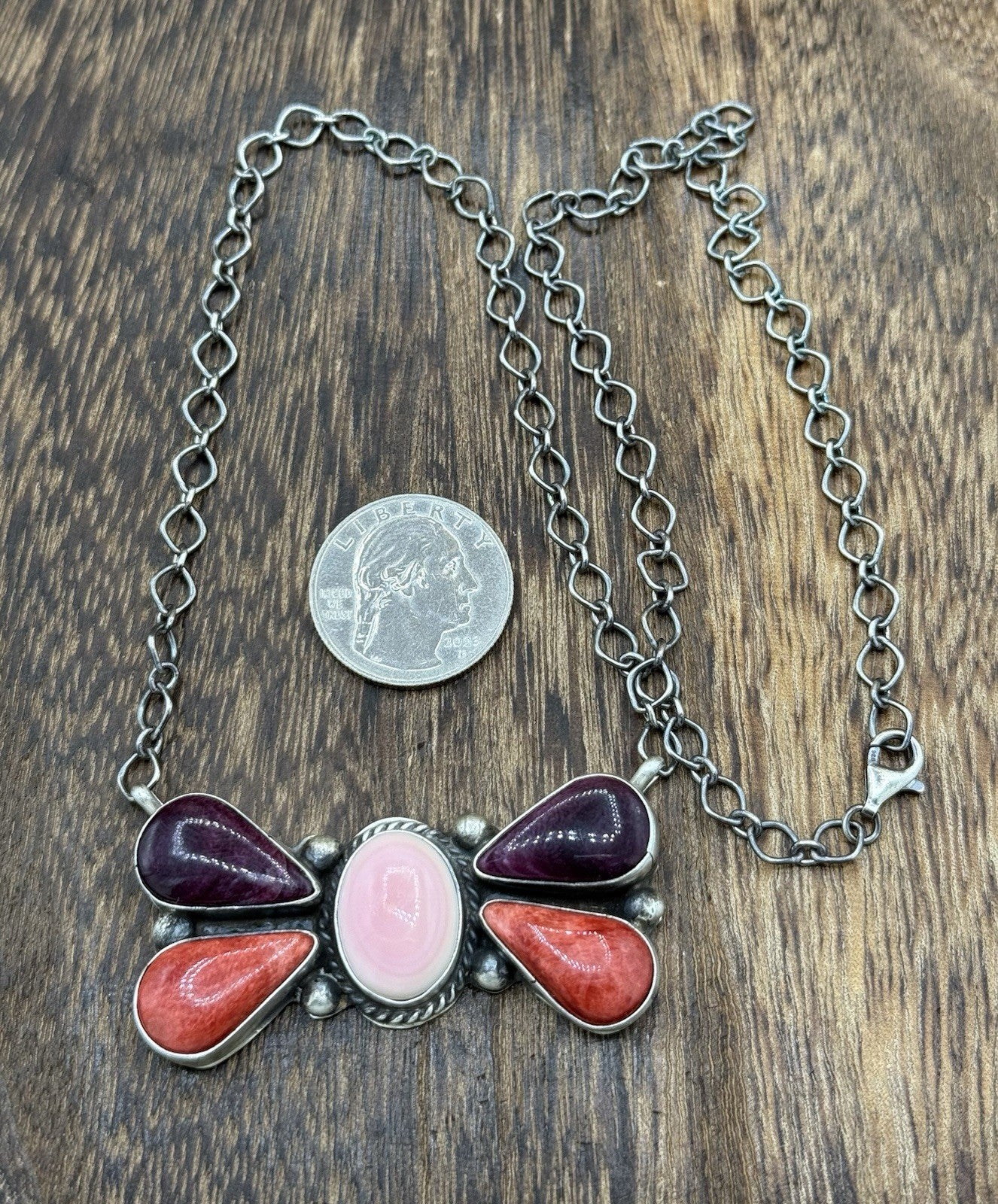 Navajo Handmade Sterling Silver Multi Stone Color Cluster Bar Necklace 18”