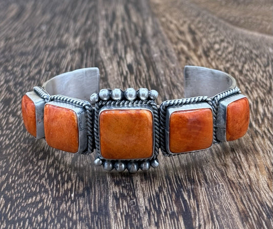 Native Navajo Handmade Sterling Silver Orange Spiny Oyster Shell Cuff Bracelet