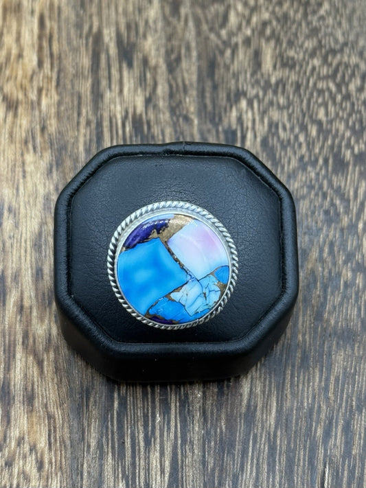 Navajo Handmade Sterling Silver Violet Rose & Blue Dahlia Adjustable Ring  7-10