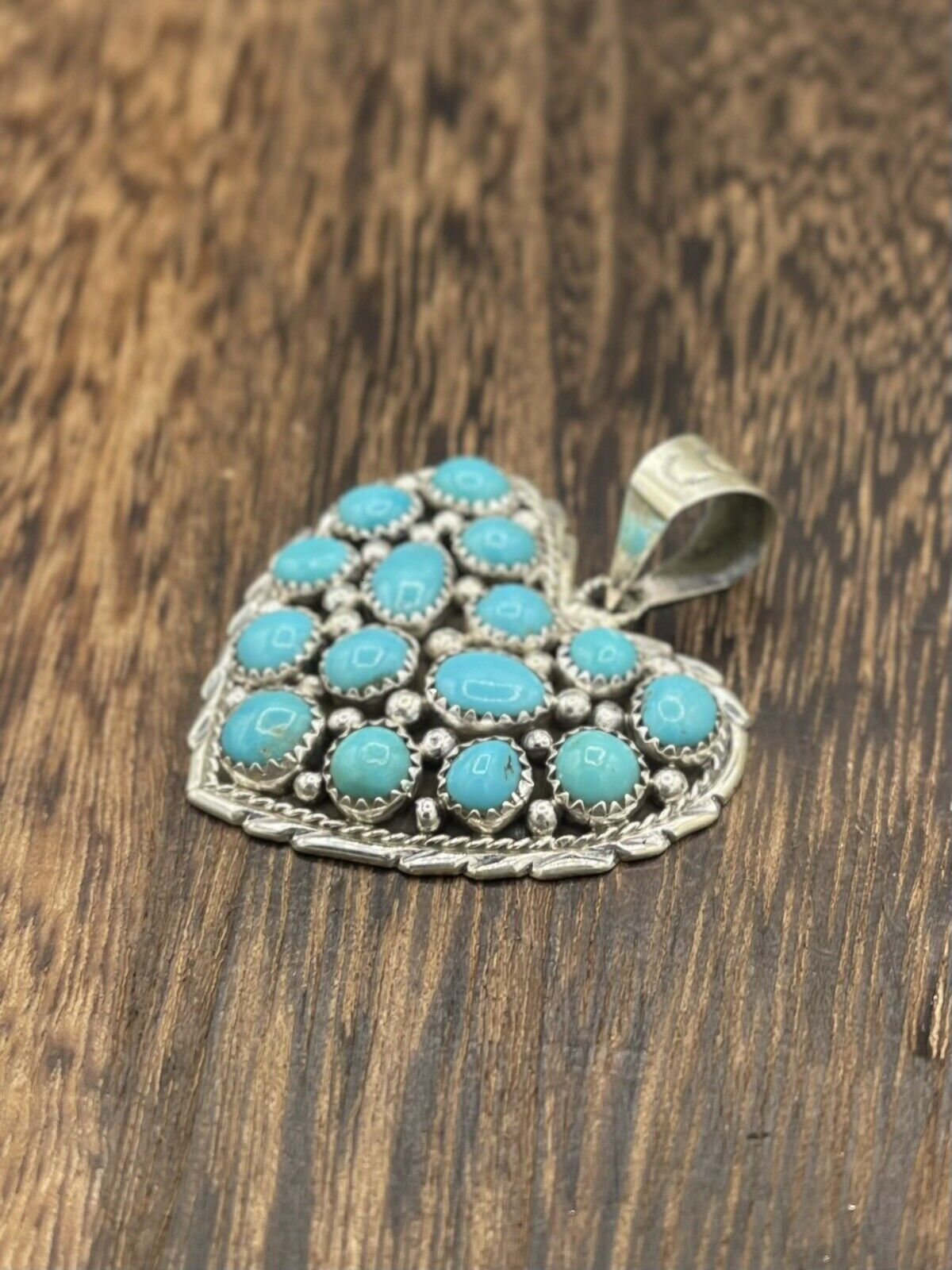 Native American Sterling Silver Navajo Handmade Natural Turquoise Heart Pendant
