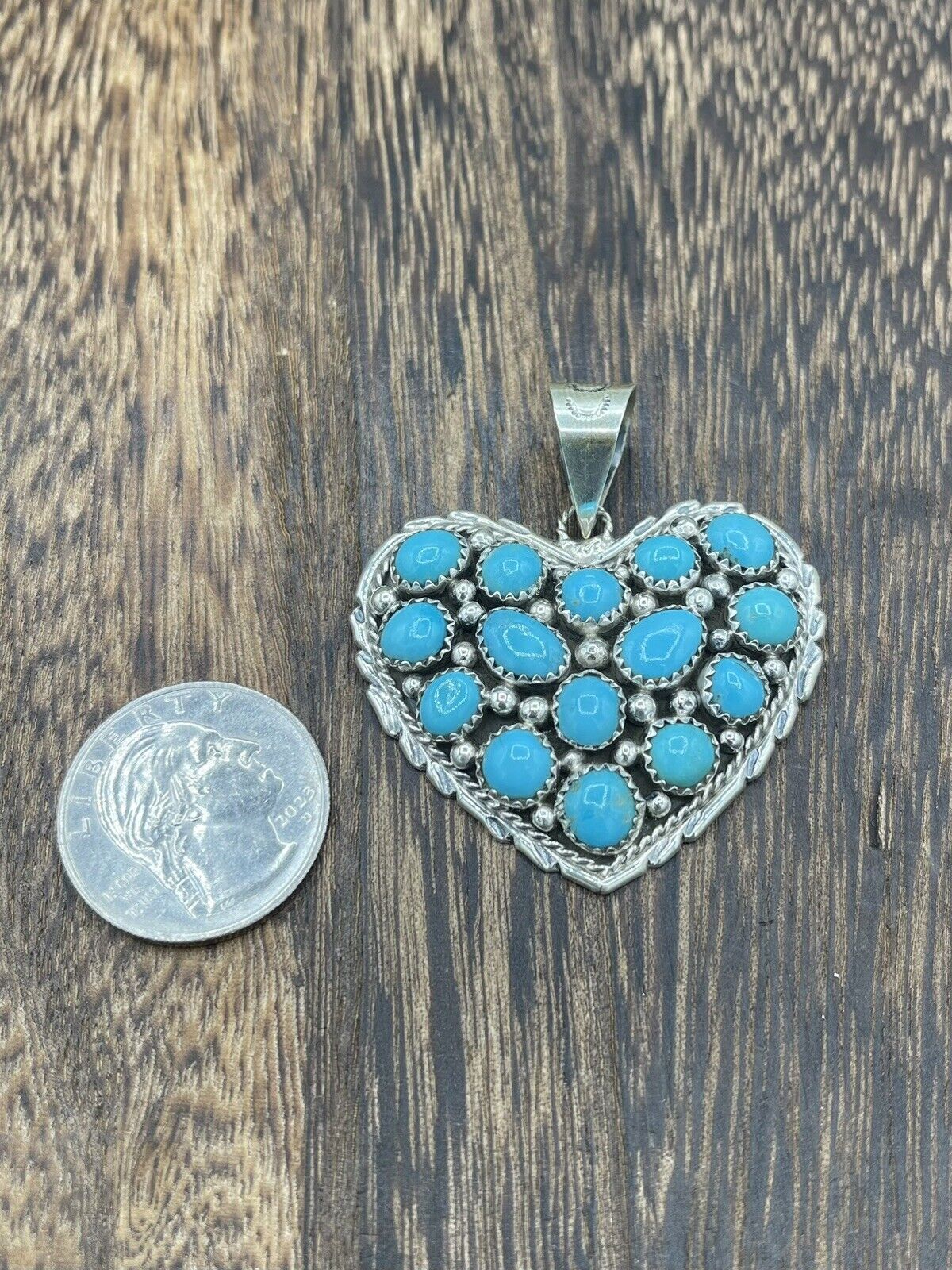 Native American Sterling Silver Navajo Handmade Natural Turquoise Heart Pendant