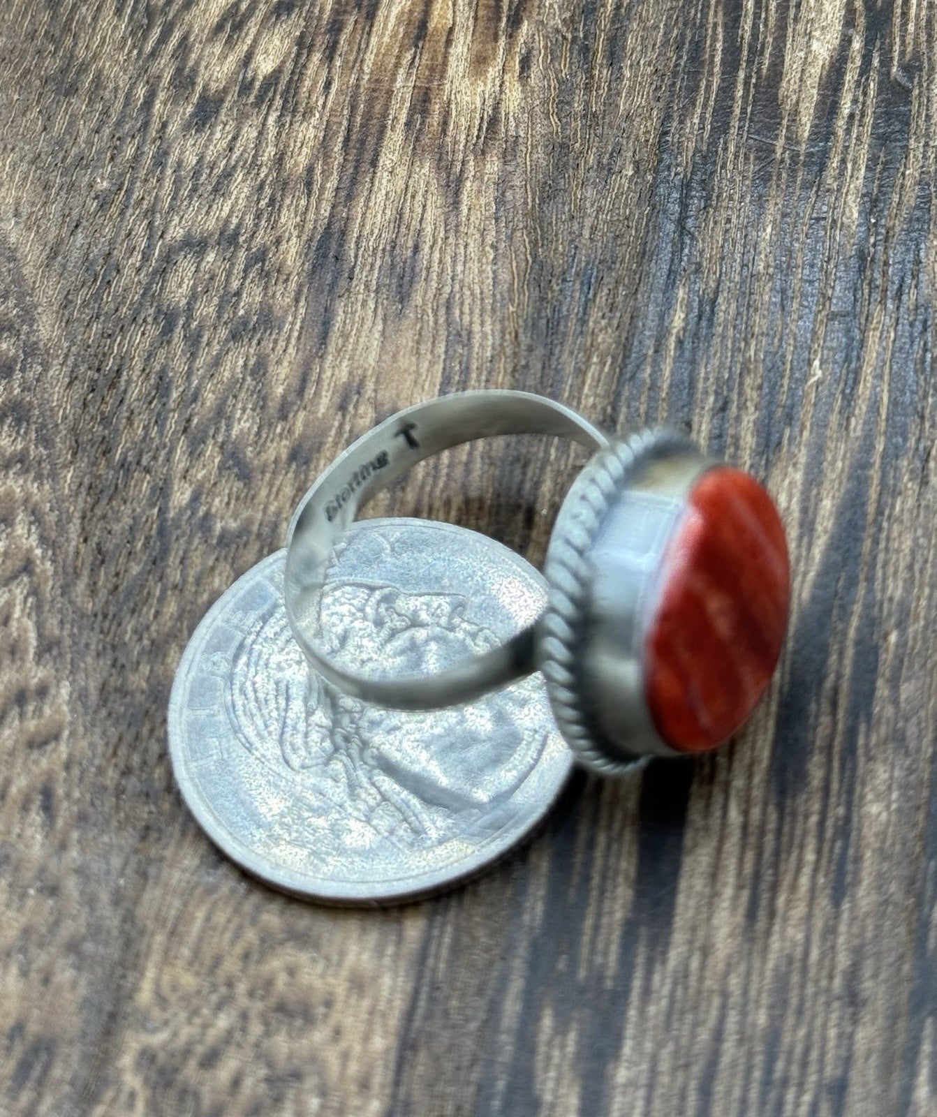 Navajo Handmade Sterling Silver Red Spiny Oyster Adjustable Ring Size 7 - 10