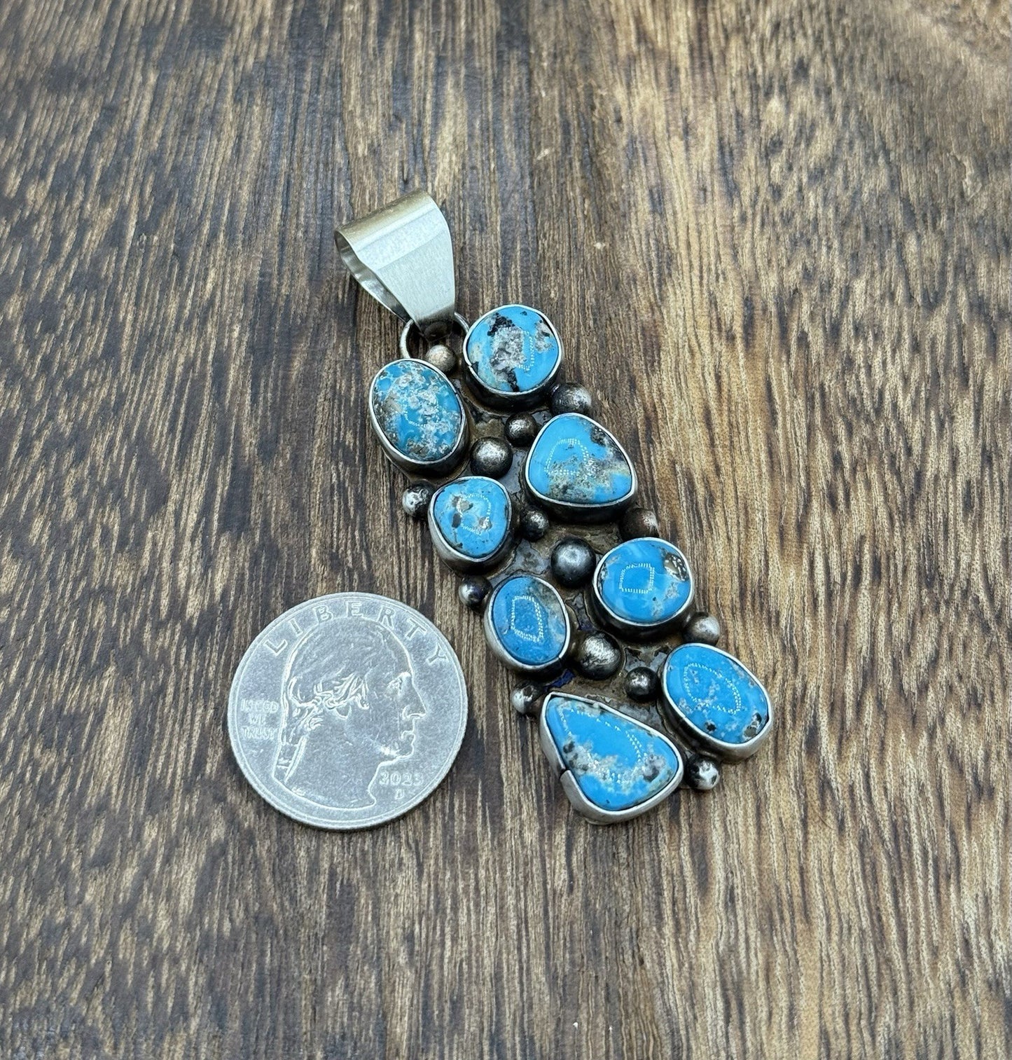 Native Navajo Handmade Sterling Silver Blue Ridge Turquoise Cluster Drop Pendant