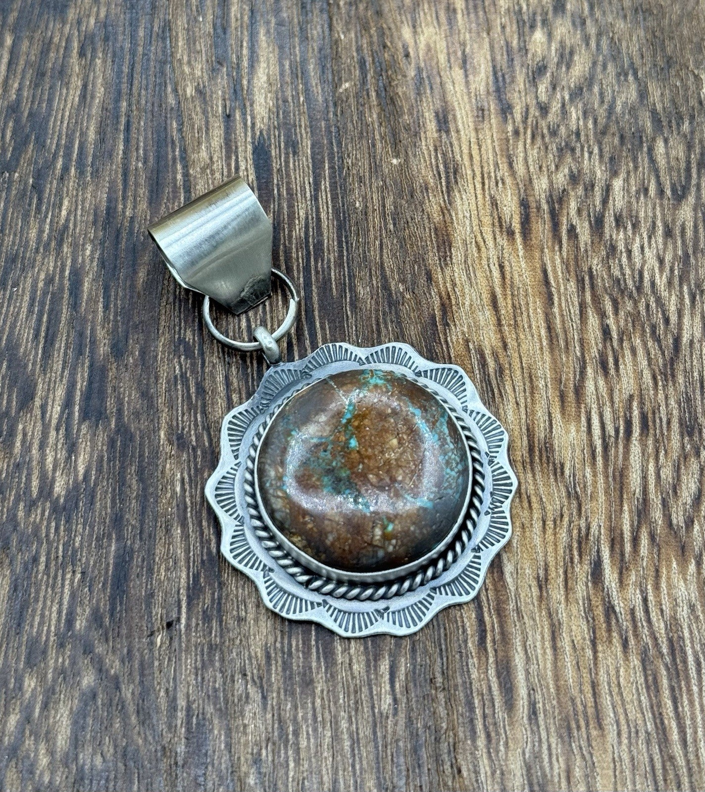 Navajo Handmade Sterling Silver Royston Turquoise Stamped Design Drop Pendant