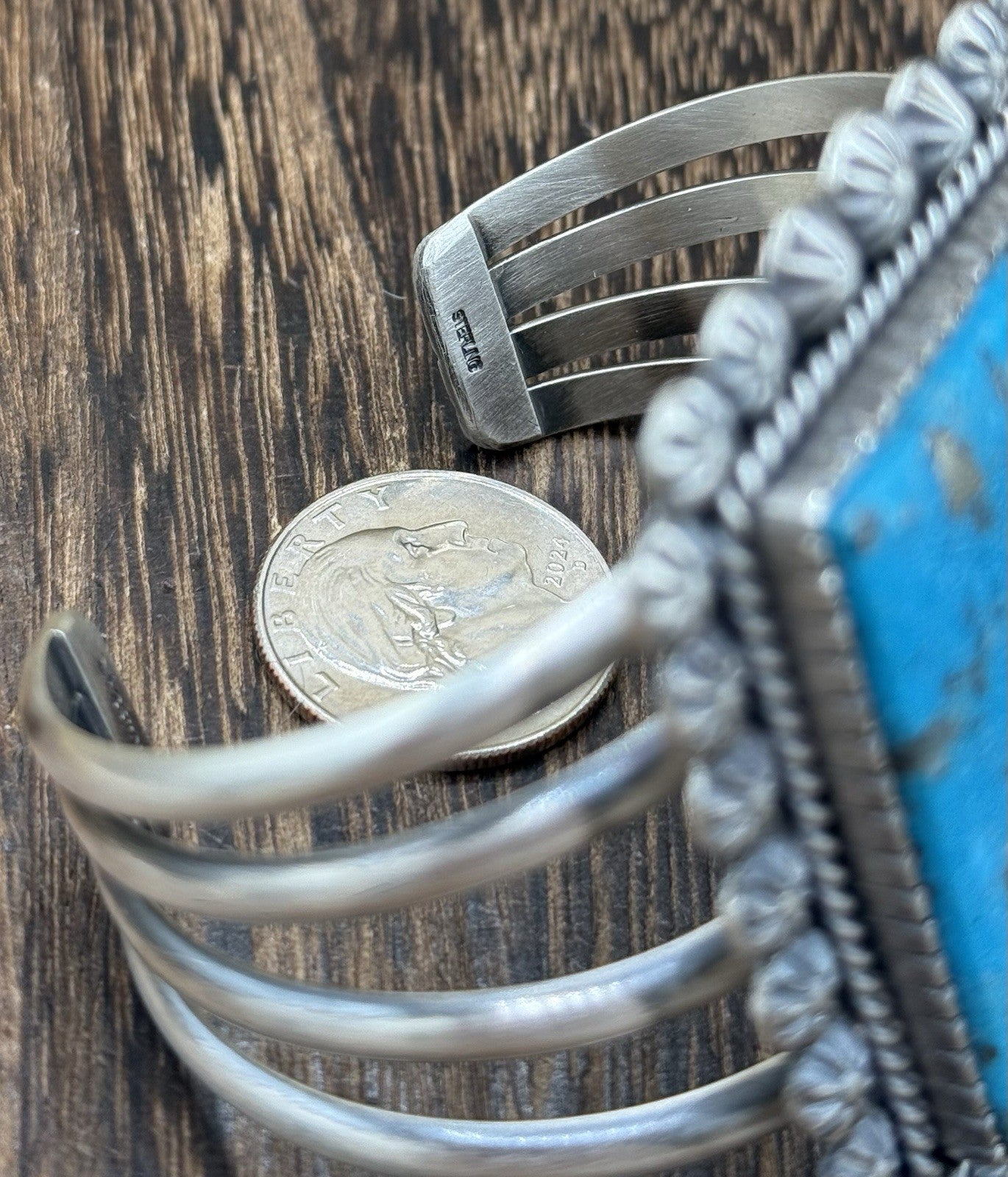 Native Navajo Handmade Sterling Silver Morenci Turquoise Old Look Cuff Bracelet