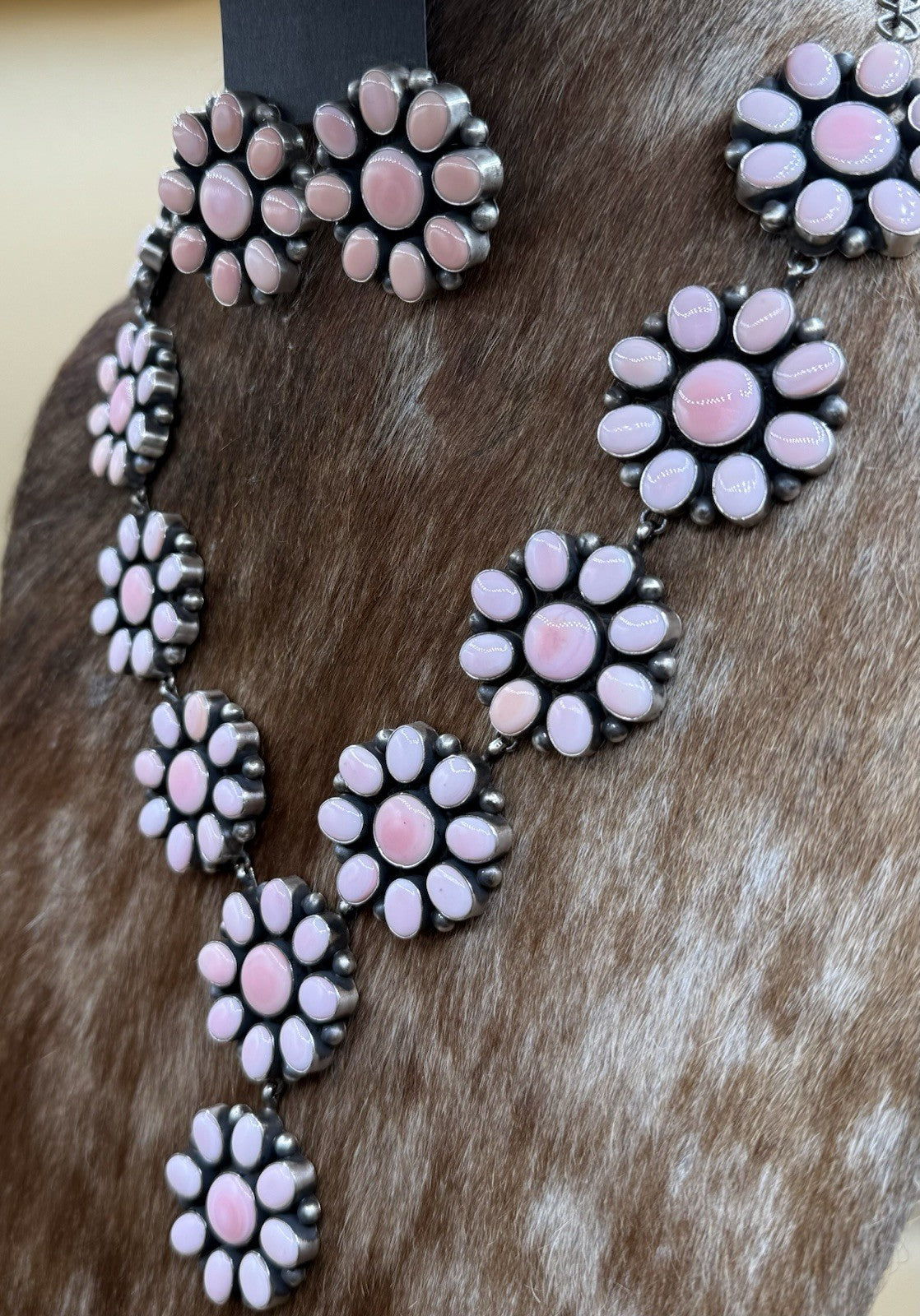 Navajo Handmade Sterling Silver Pink Conch Cluster Lariat Dangle Necklace 24”