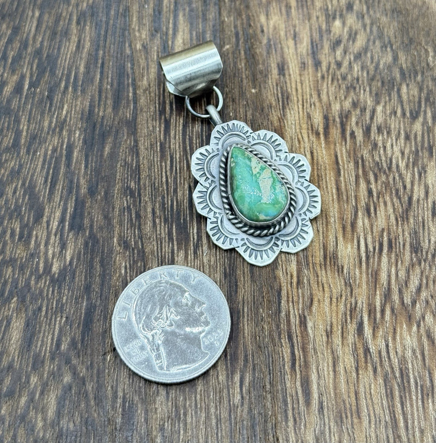 Navajo Handmade Sterling Silver Sonoran Gold Turquoise Stamped Drop Pendant