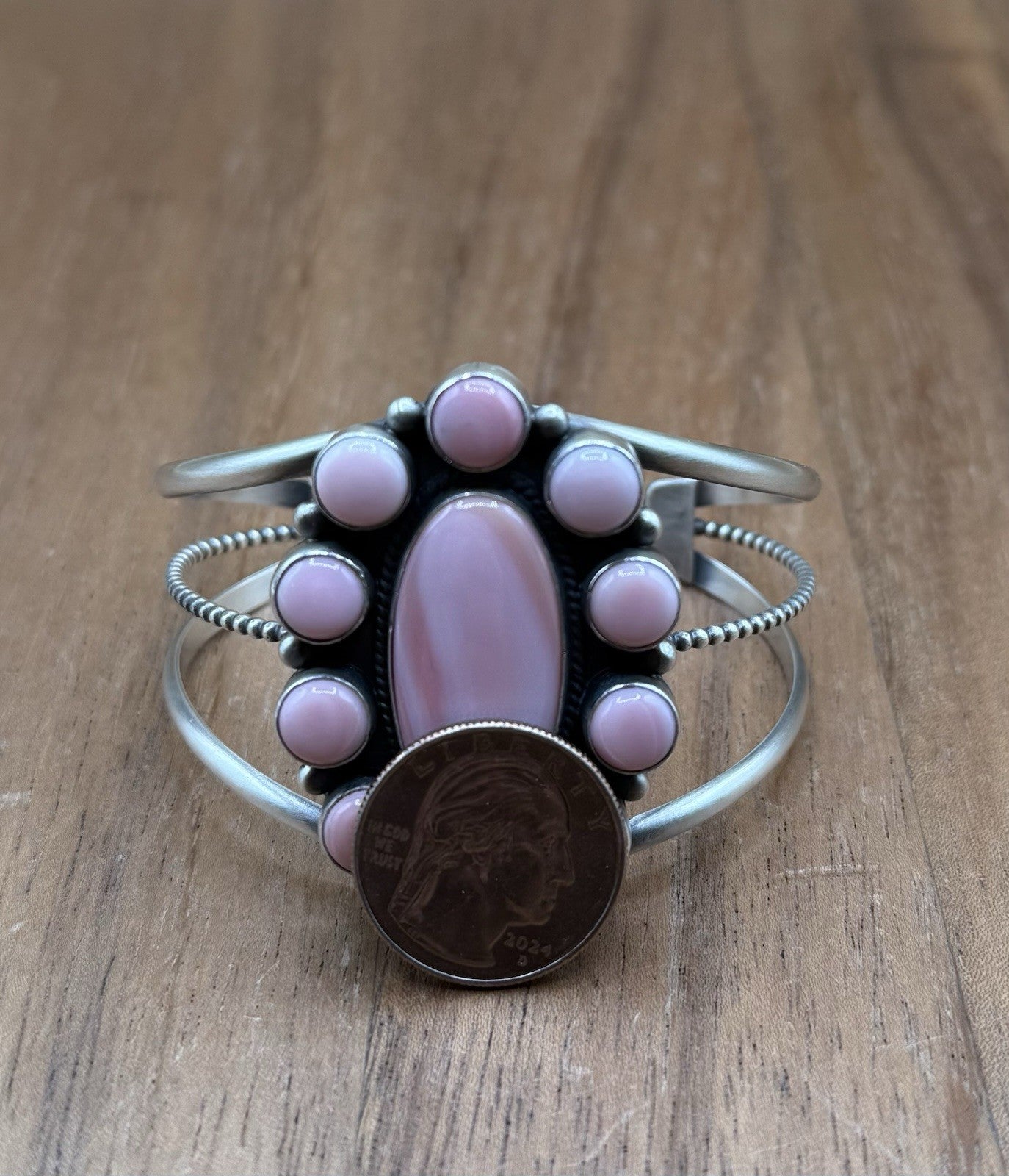 Navajo Handmade Sterling Silver Pink Conch Cluster Cuff Bracelet Large