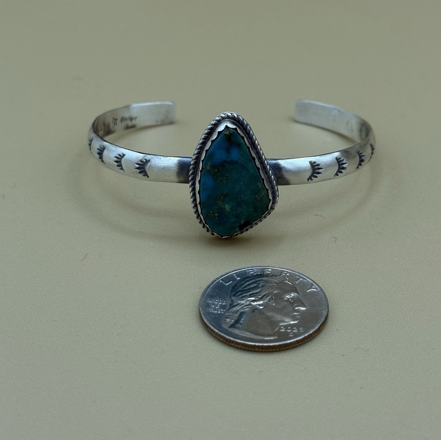 Native Navajo Handmade Sterling Silver Kingman Turquoise Stacker Cuff Bracelet