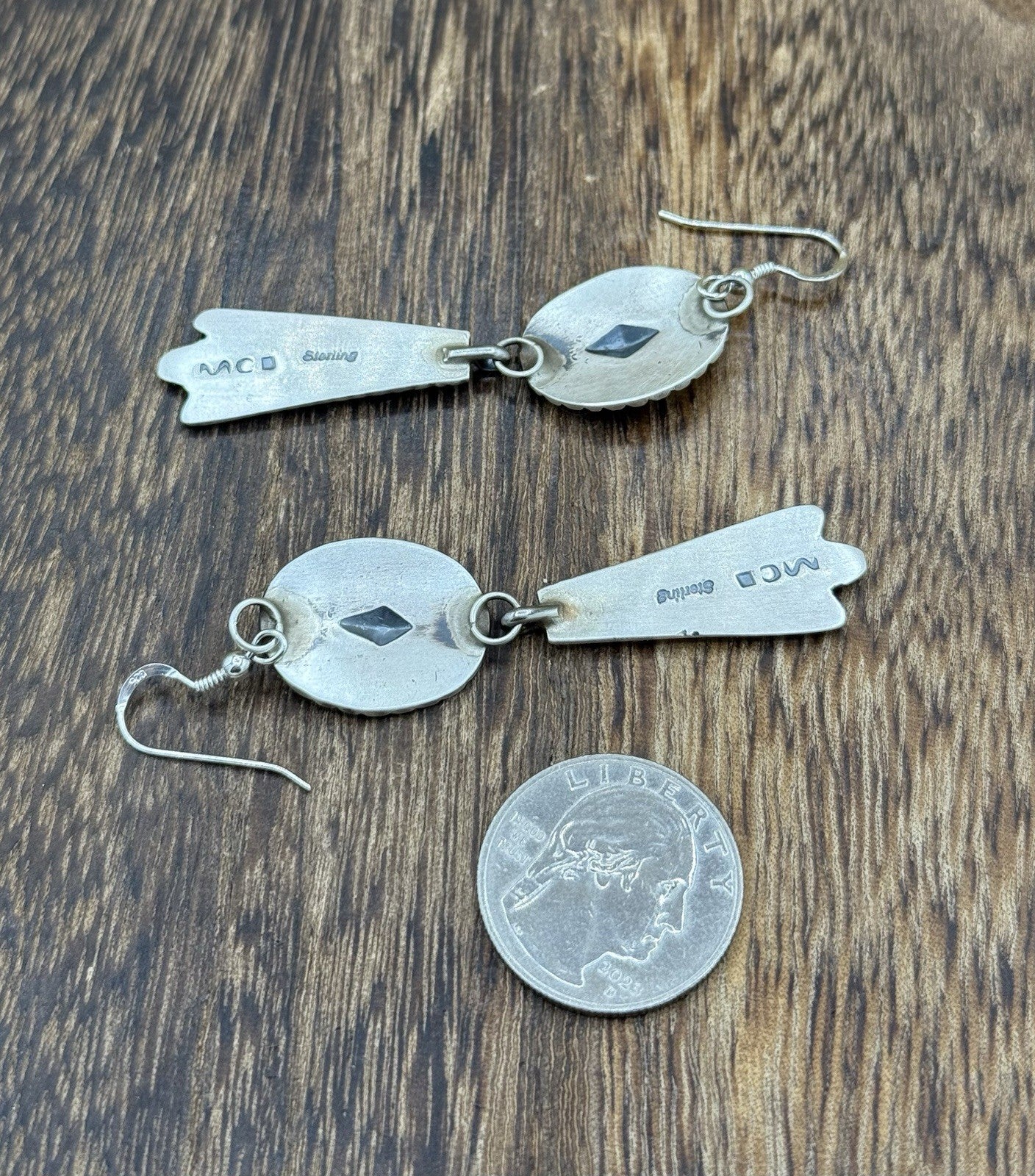 Navajo Handmade Sterling Silver Old Look Stamped Concho Design Dangle Earrings