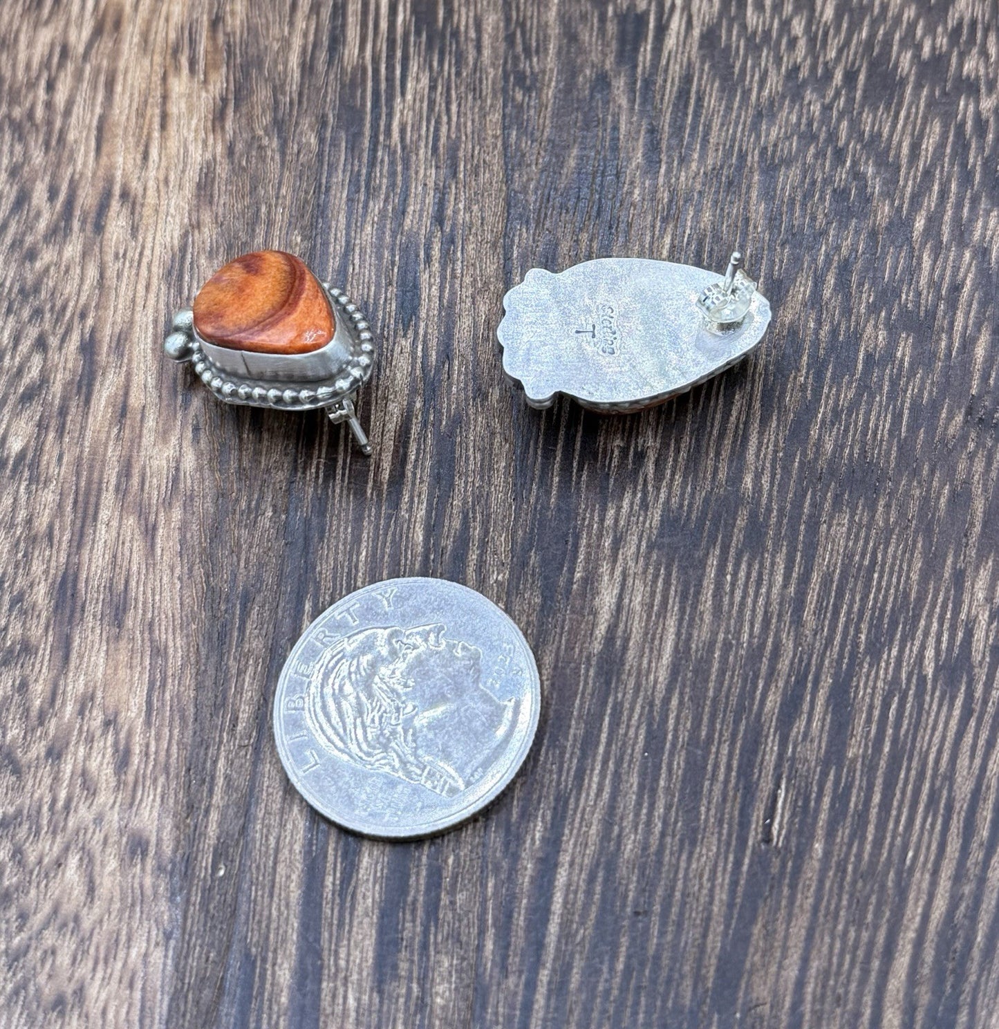 Native Navajo Handmade Sterling Silver Orange Spiny Oyster Post Stud Earrings