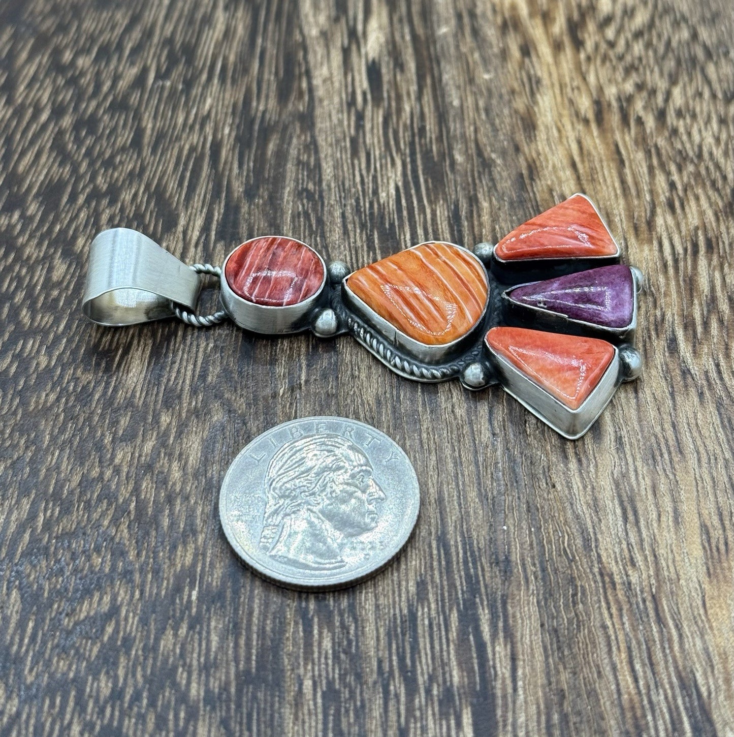 Native Navajo Handmade Sterling Silver Multi Spiny Oyster Shell Cluster Pendant