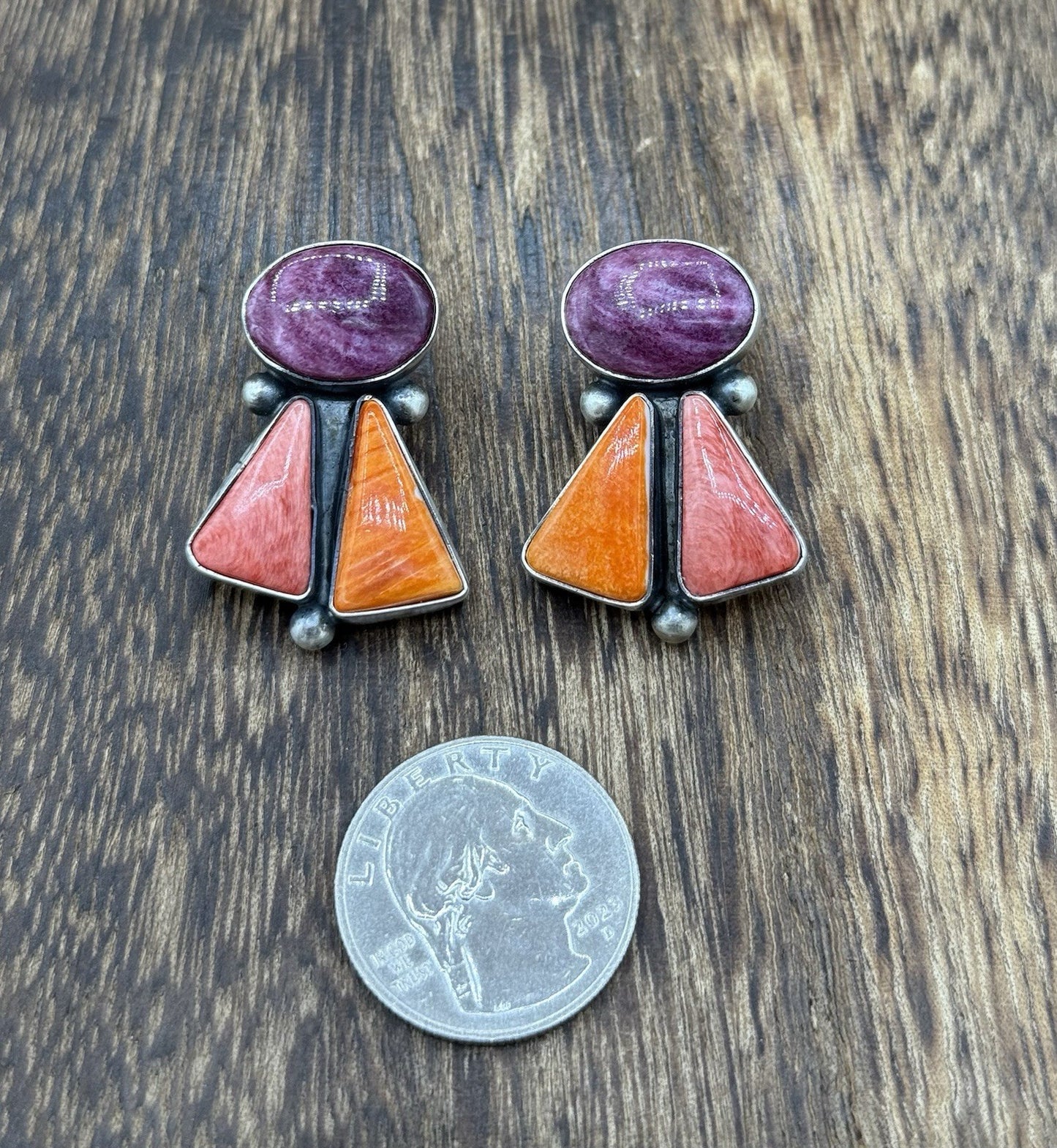 Navajo Handmade Sterling Silver Multi Color Spiny Oyster Shell Cluster Earrings