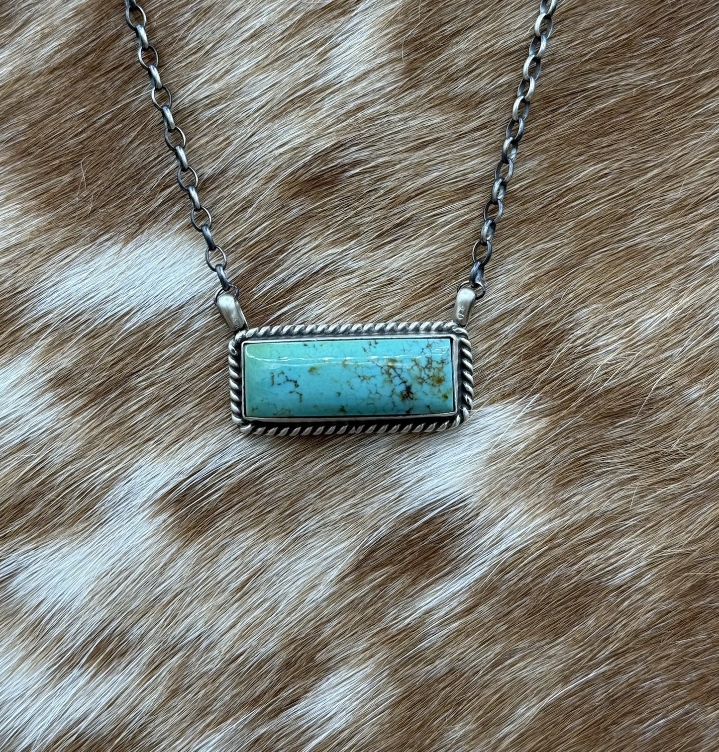 Native Navajo Handmade Sterling Silver Kingman Turquoise Bar Necklace 18”