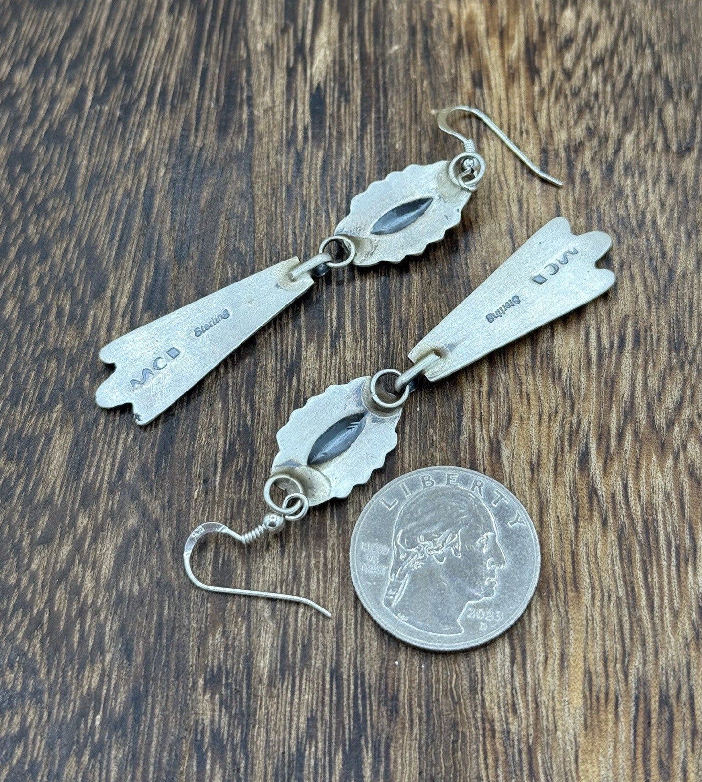 Navajo Handmade Sterling Silver Old Look Stamped Concho Design Dangle Earrings