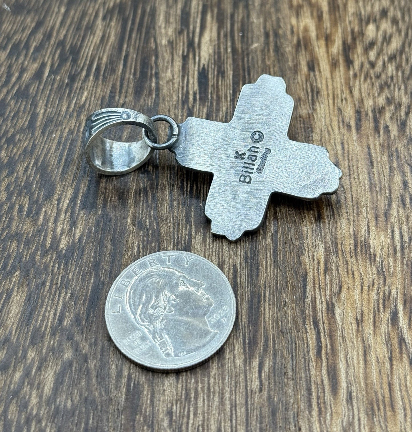 Navajo Handmade Sterling Silver Old Look Kingman Turquoise Zia Pendant Kevin B.