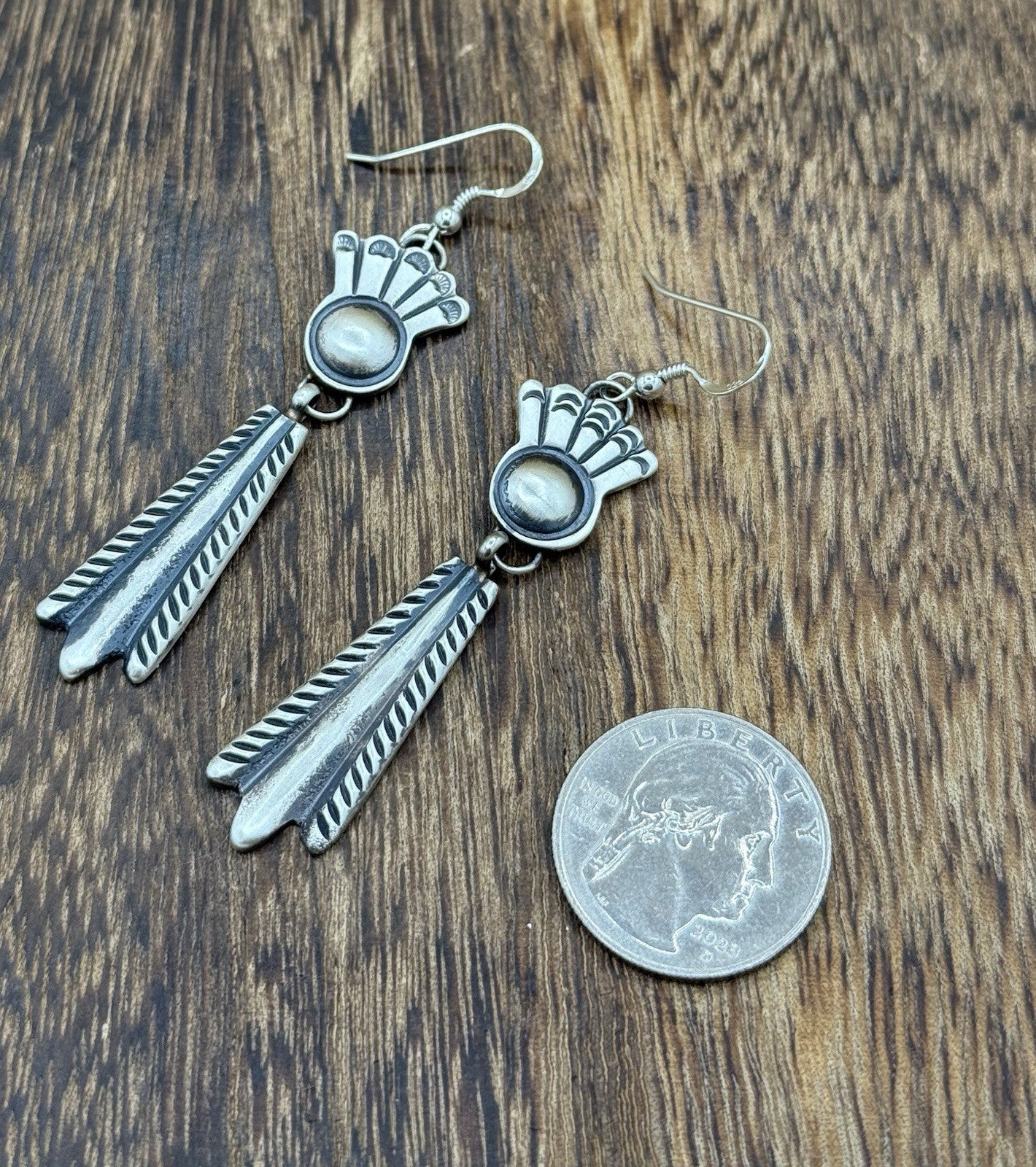 Navajo Handmade Sterling Silver Old Look Stamped Concho Design Dangle Earrings