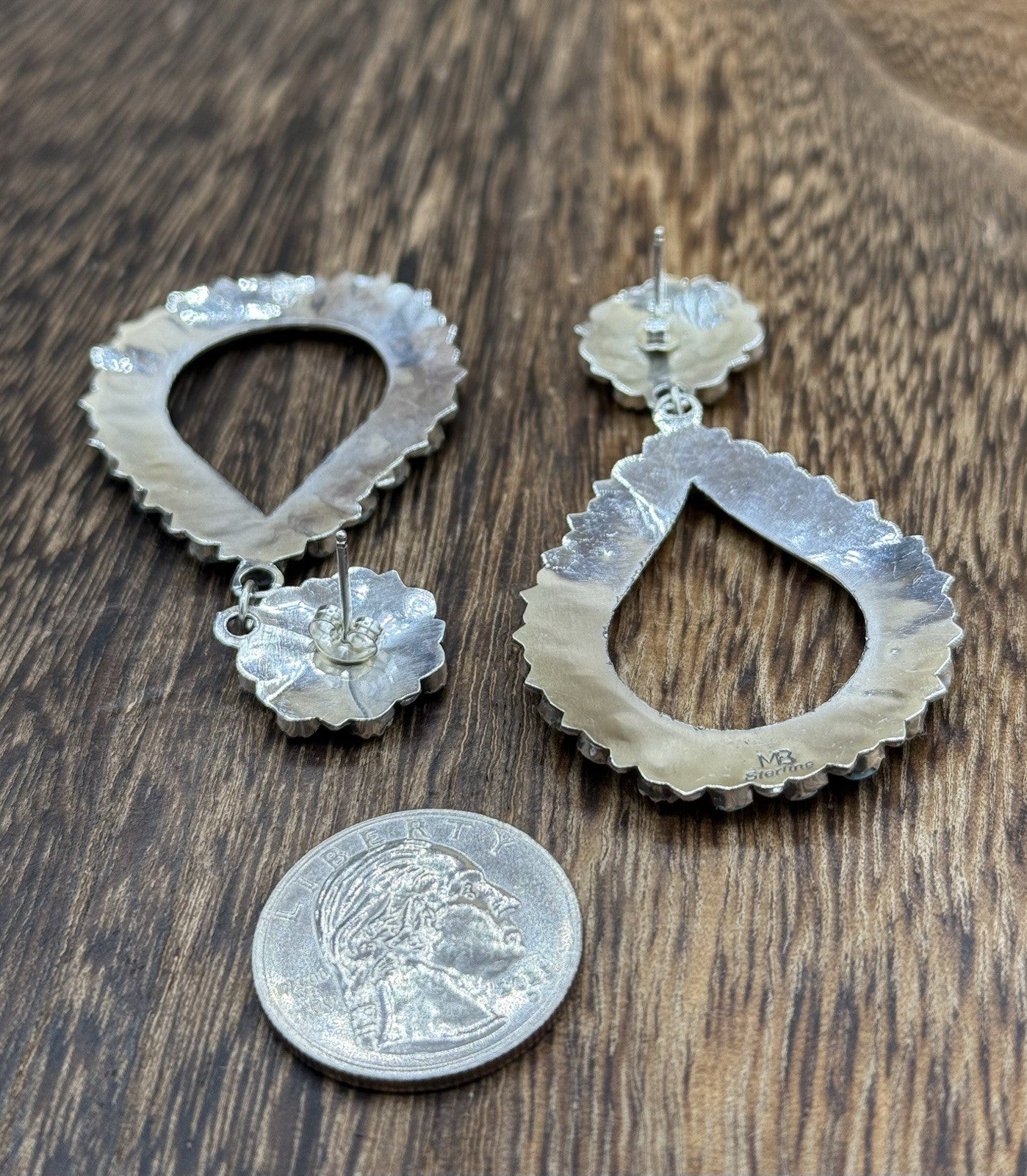 Navajo Handmade Sterling Silver Turquoise Cluster Post Drop earrings Large