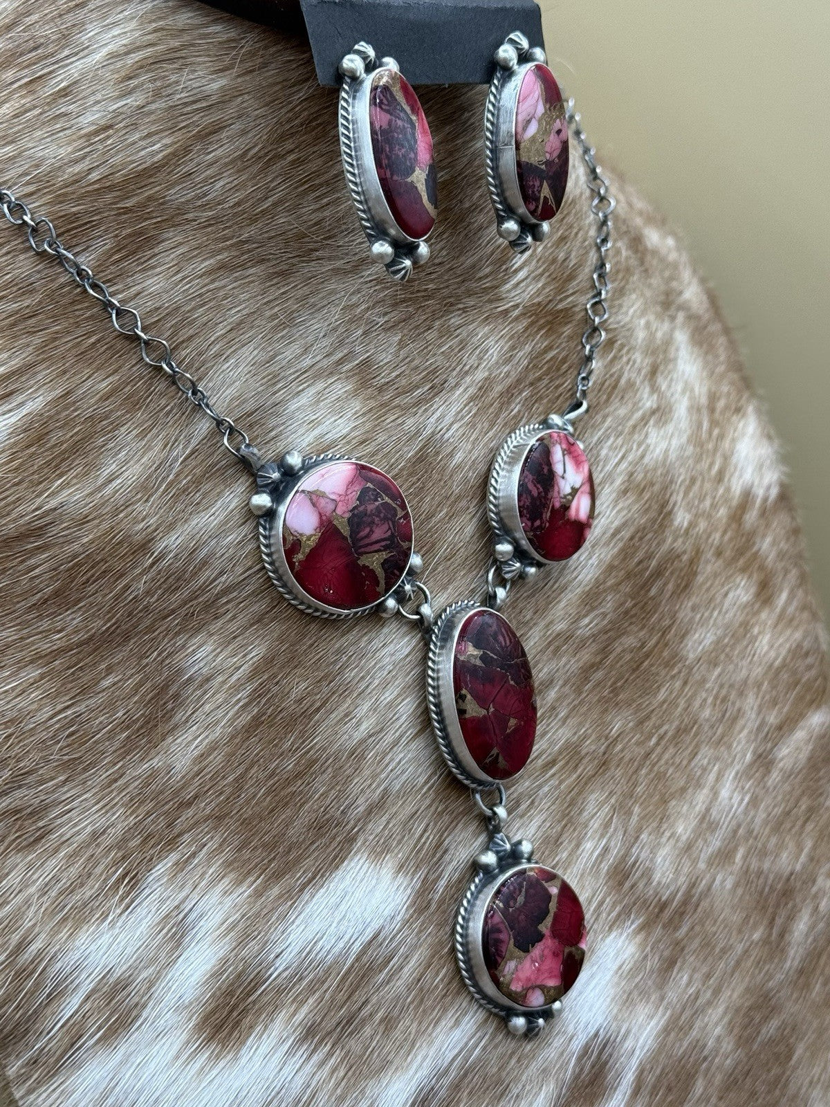 Navajo Handmade Sterling Silver Dahlia Rose Lariat Necklace Set 18”