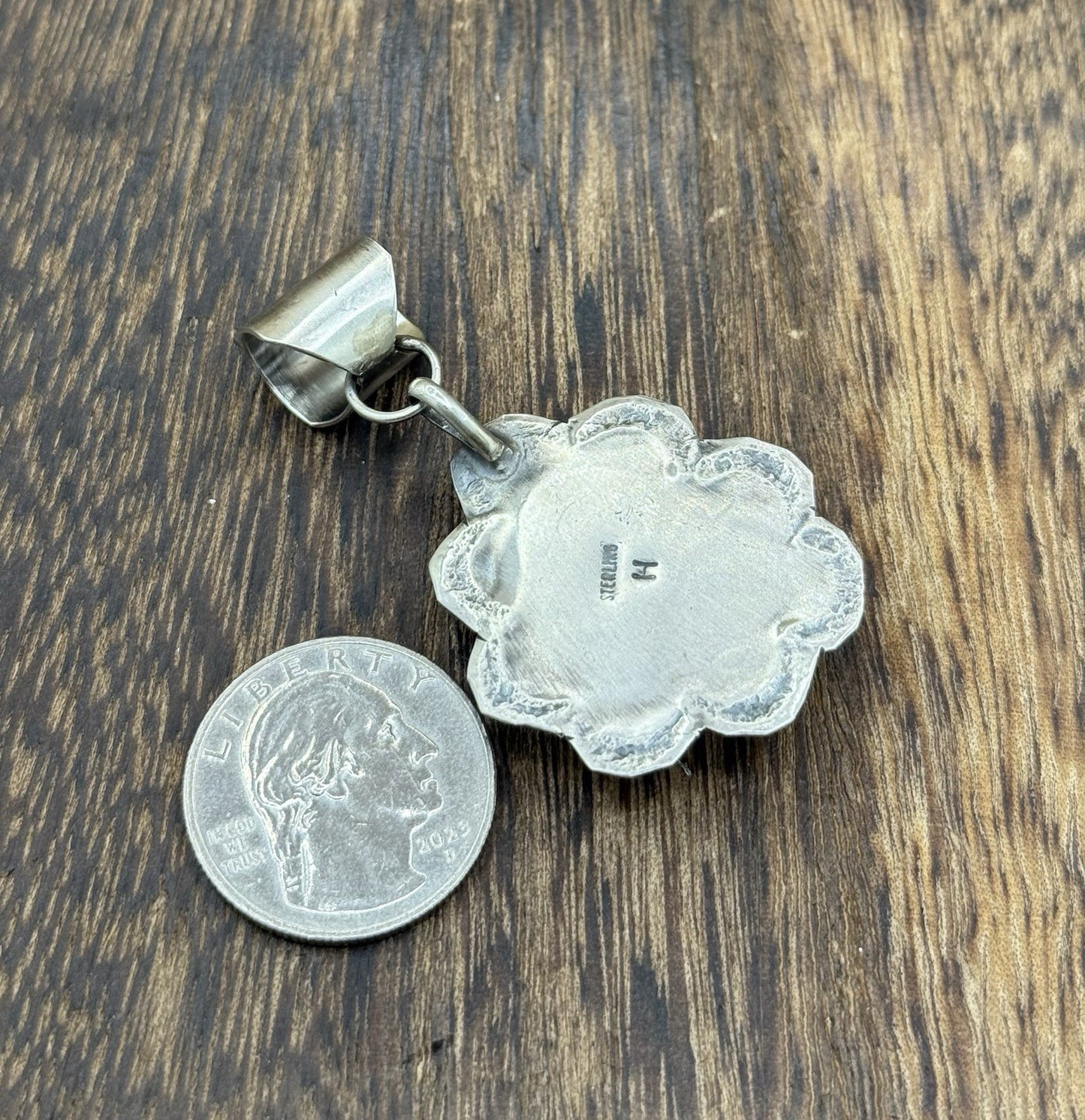 Navajo Handmade Sterling Silver Royston Turquoise Stamped Design Drop Pendant