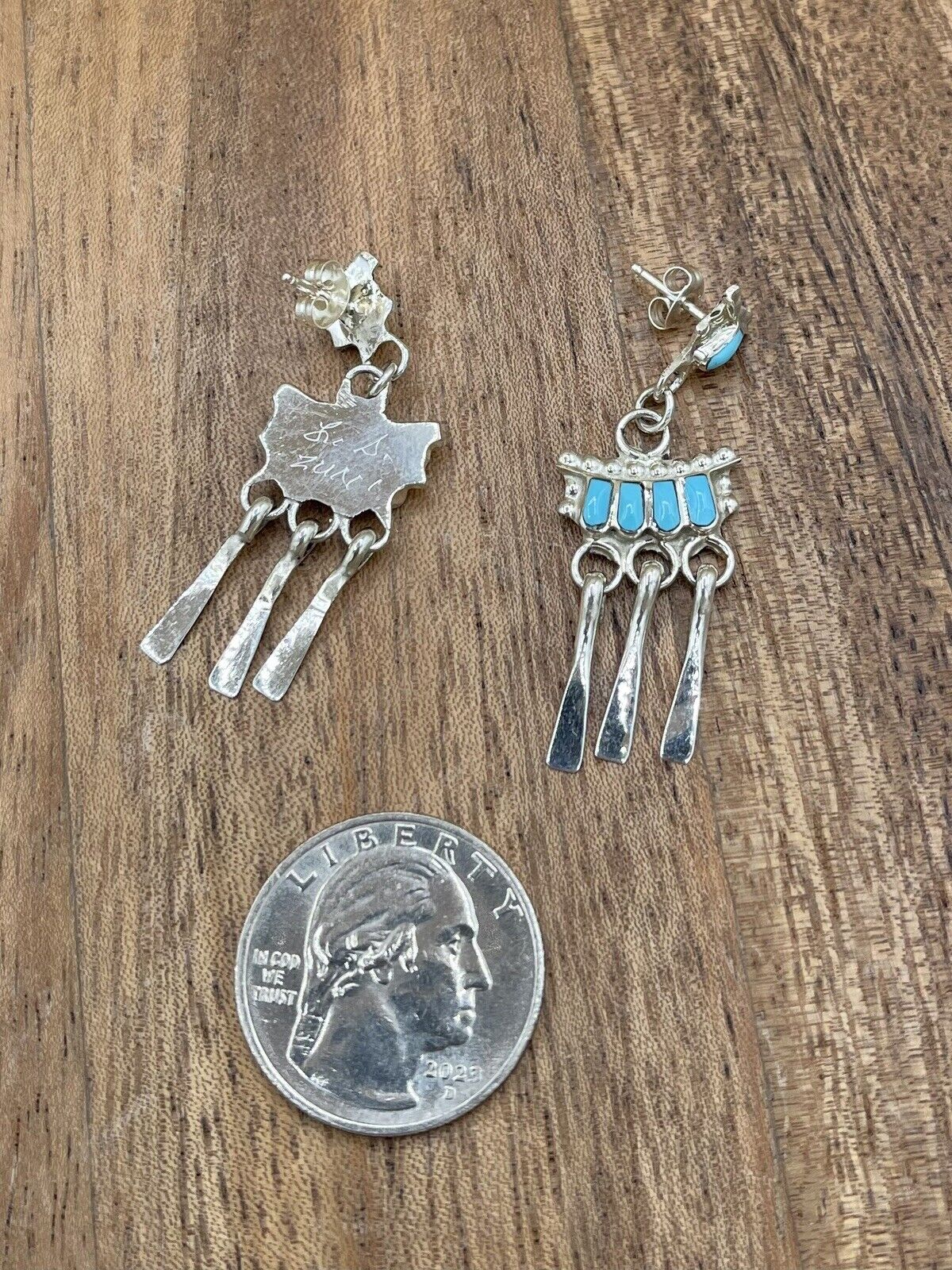 Native American Zuni handmade Sterling Silver Turquoise Inlay Dangle Necklace