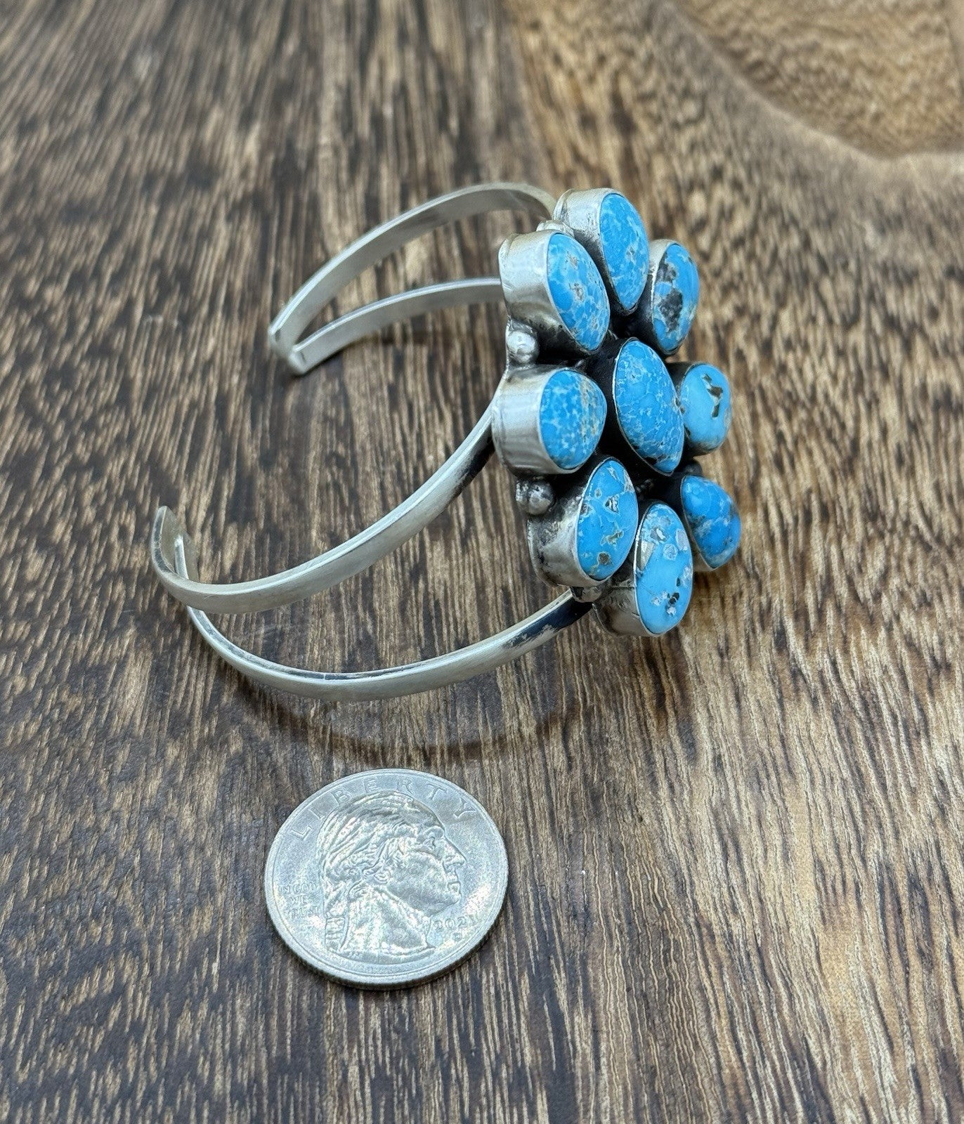 Navajo Handmade Sterling Silver Blue Ridge Turquoise Cluster Cuff Bracelet