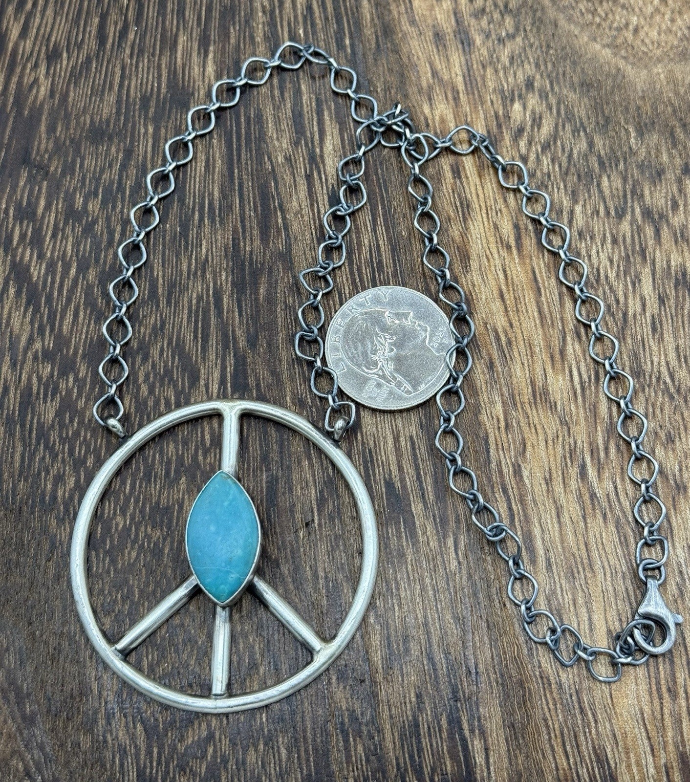 Native American Navajo handmade Sterling Silver Turquoise Peace Hippie Necklace