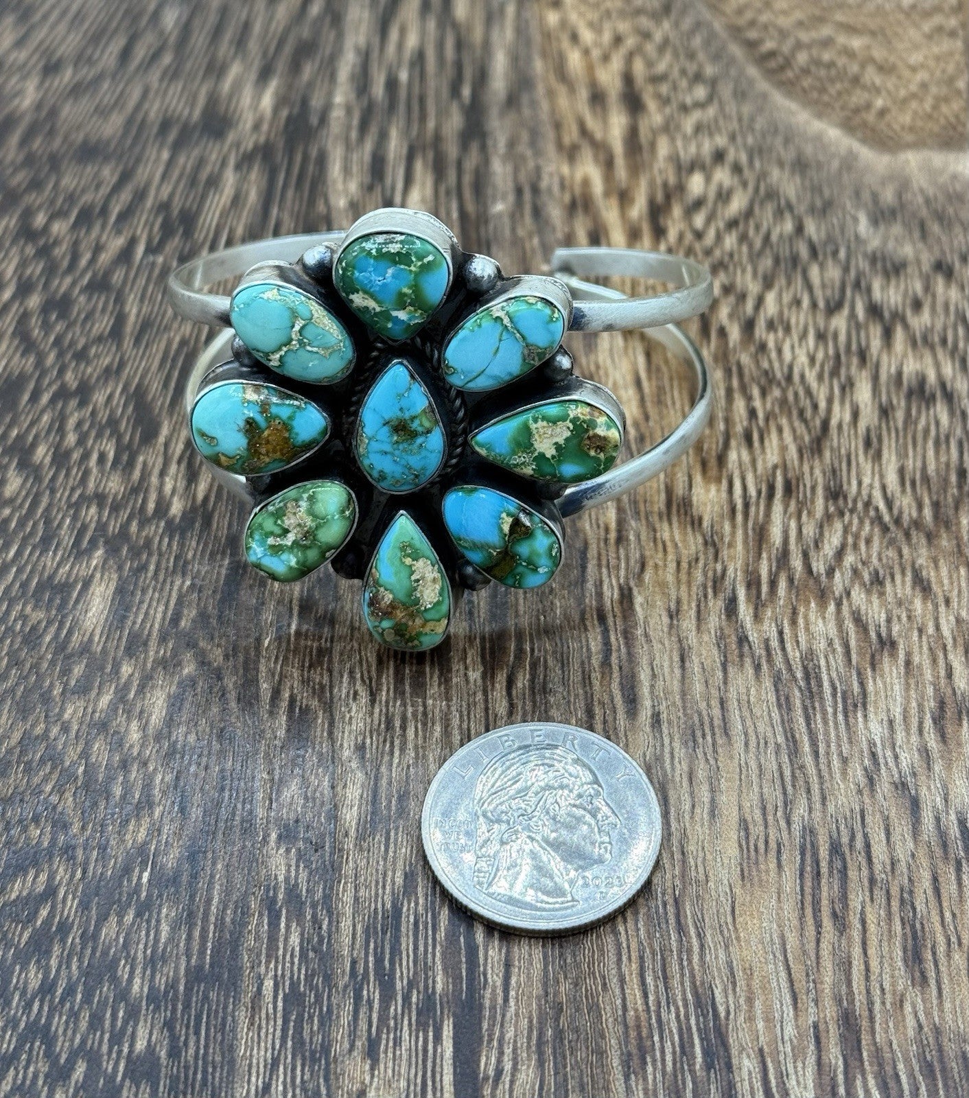 Navajo Handmade Sterling Silver Sonoran Gold Turquoise Cluster Cuff Bracelet