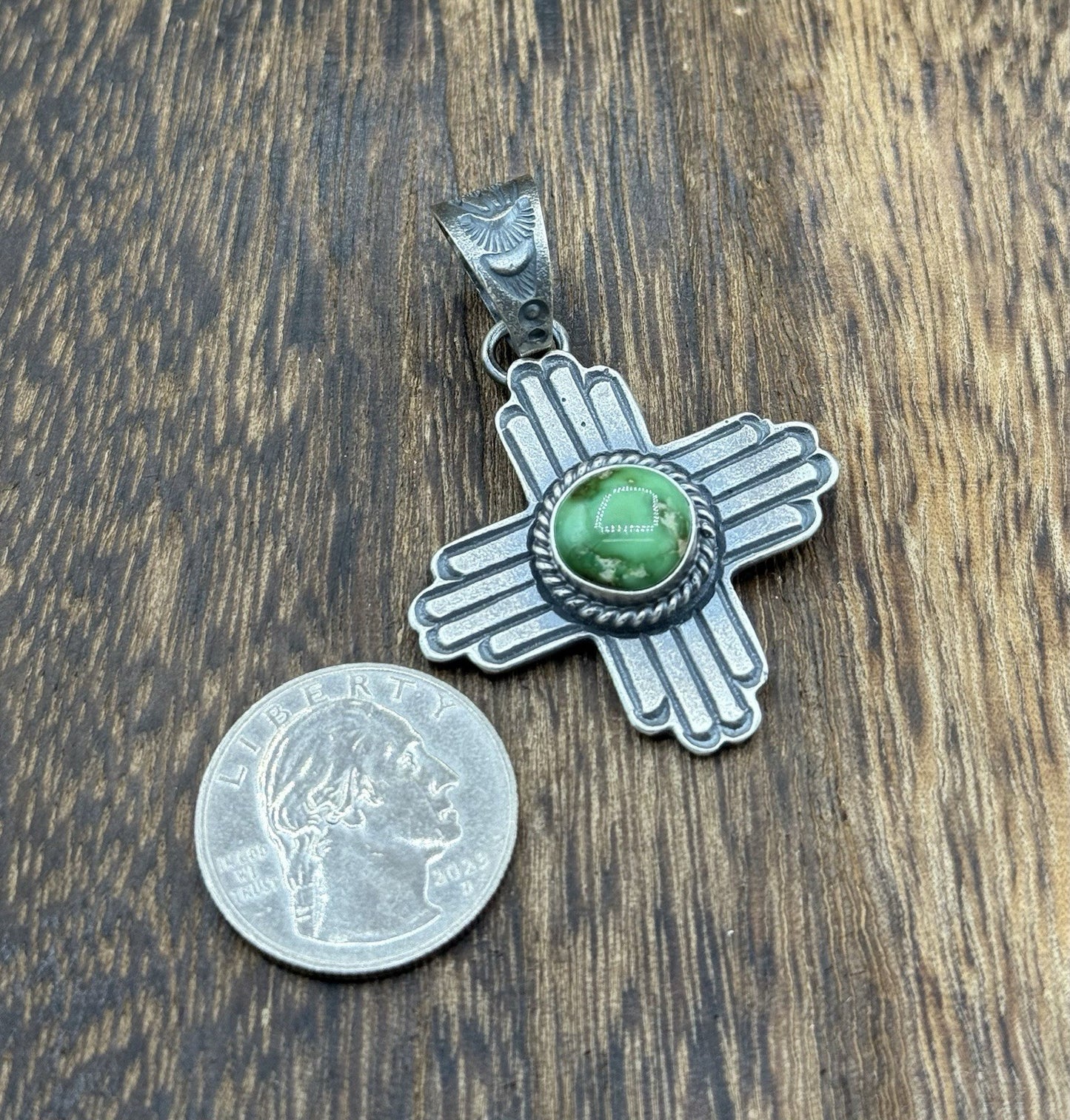 Navajo Handmade Sterling Silver Old Look Sonoran Gold Turquoise Zia Pendant