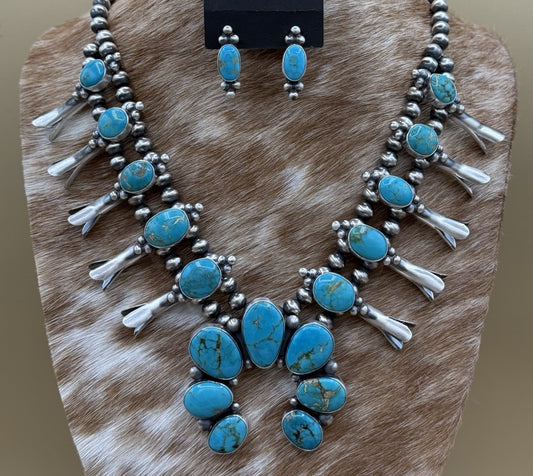 Navajo Handmade Sterling Silver Kingman Turquoise Squash Blossom Necklace 20”