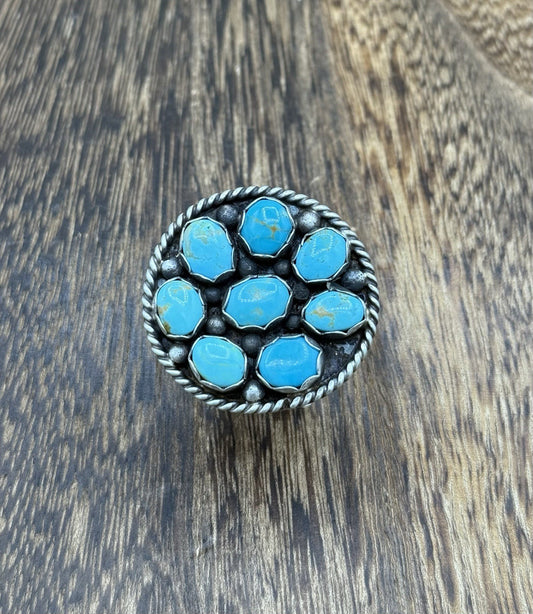 Navajo Handmade Sterling Silver Kingman Turquoise Adjustable Ring Size 7 To 9