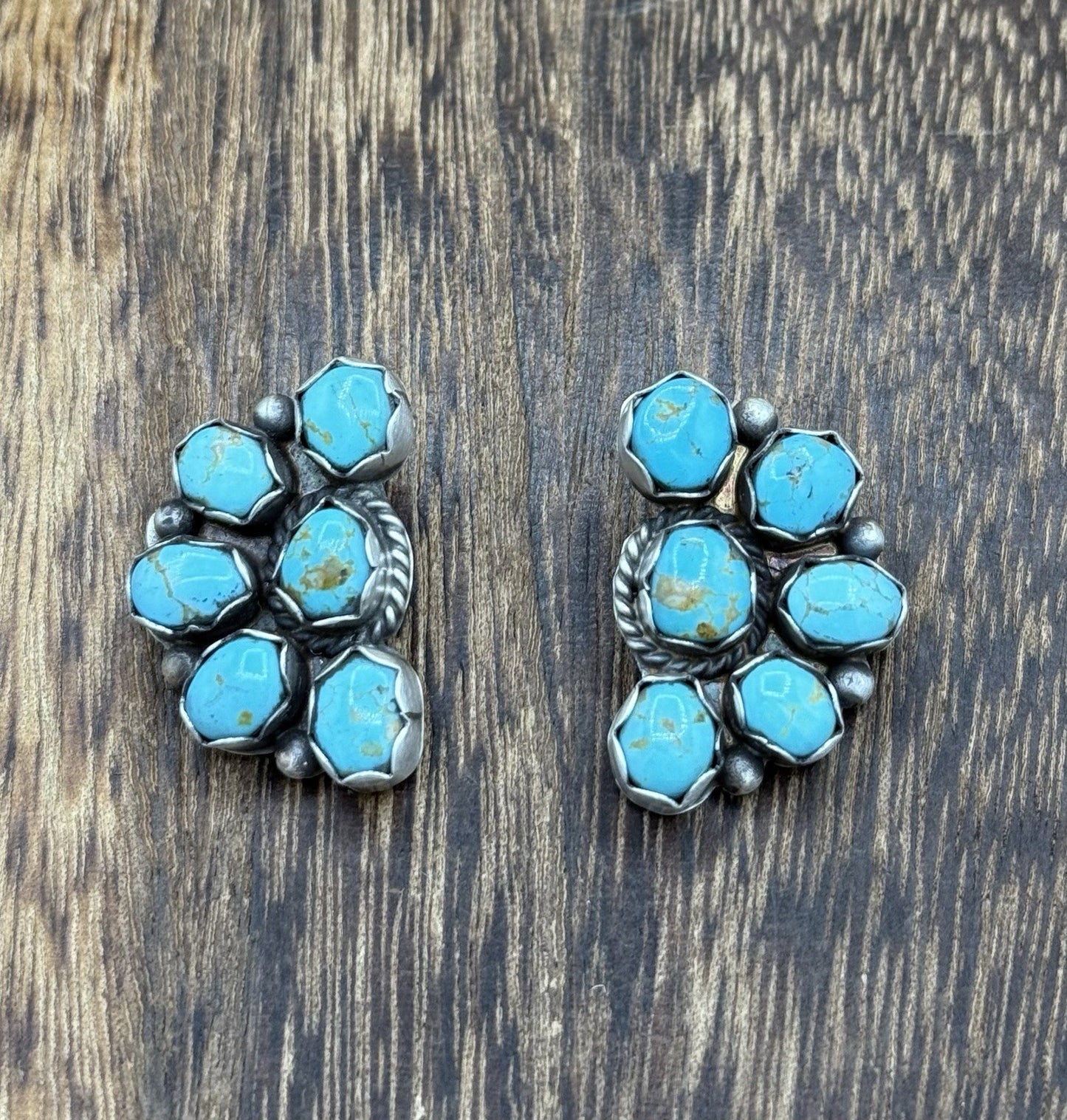 Navajo Handmade Sterling Silver Kingman Turquoise Half Cluster Post Earrings