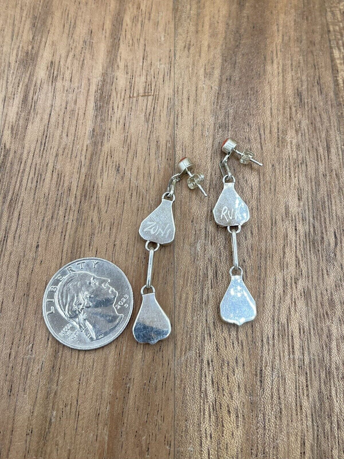 Native American Zuni Handmade Silver Inlay Spiny Post Dangle Drop Earrings