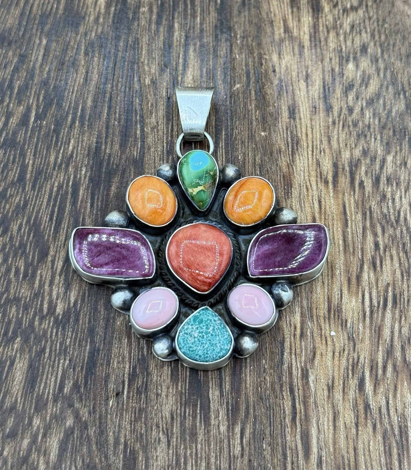 Navajo Handmade Sterling Silver Multi Color Turquoise Spiny Cluster Pendant Lg.