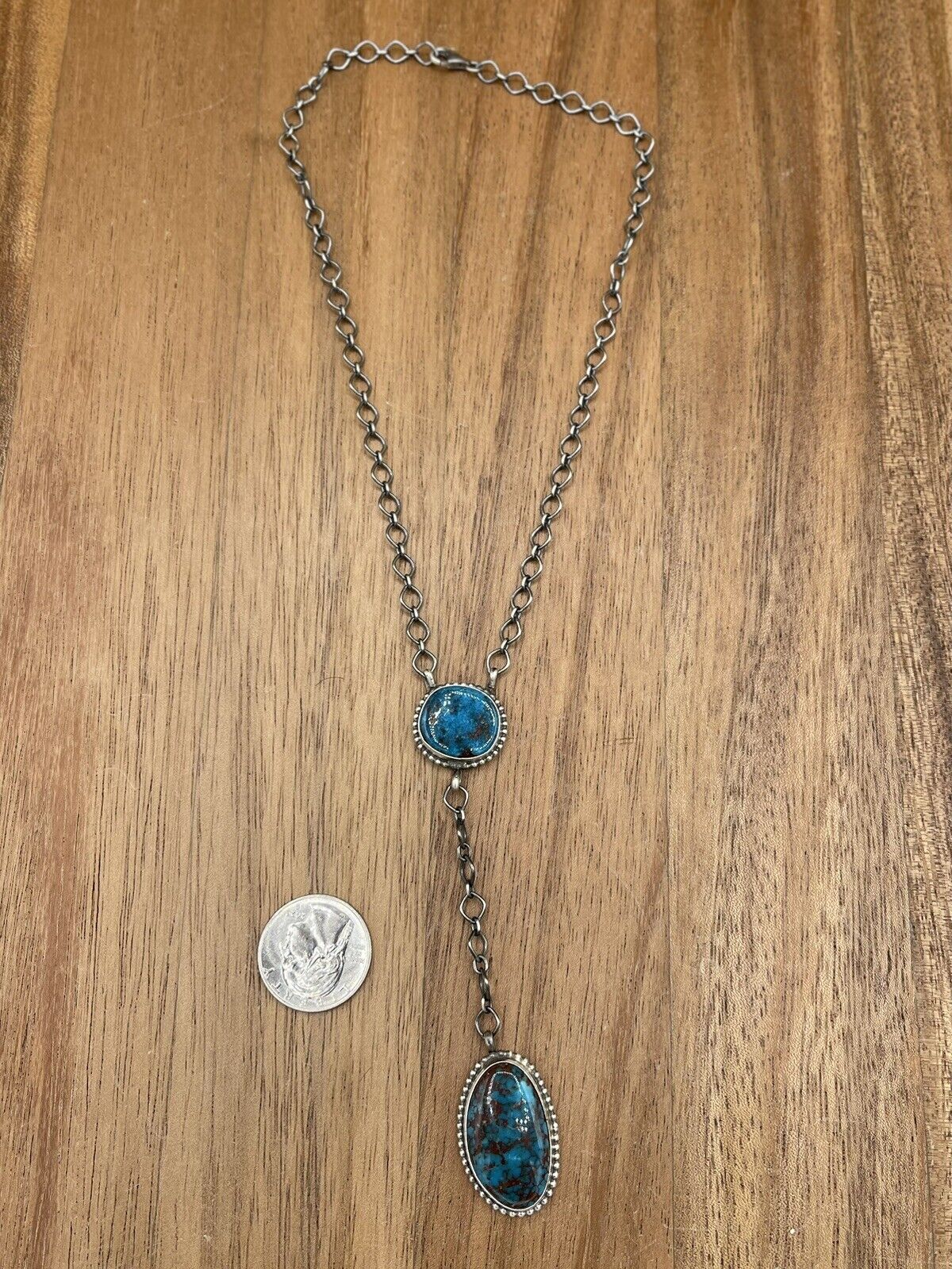 Native American Navajo Handmade Silver Egyptian Turquoise Y Lariat Necklace 16”