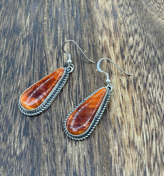Native Navajo Handmade Sterling Silver Orange Spiny Oyster Shell Dangle Earrings