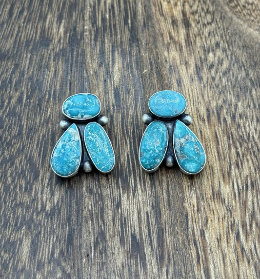 Navajo Handmade Sterling Silver White Water Turquoise Post Cluster Earrings