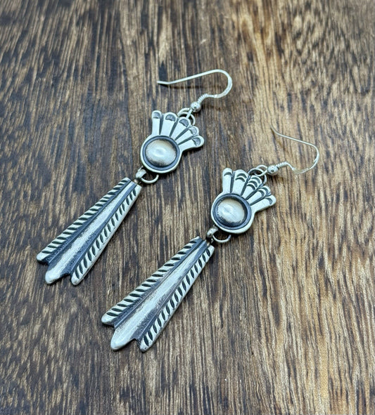 Navajo Handmade Sterling Silver Old Look Stamped Concho Design Dangle Earrings