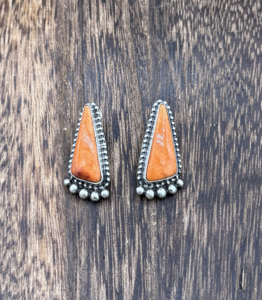 Native Navajo Handmade Sterling Silver Orange Spiny Oyster Post Stud Earrings