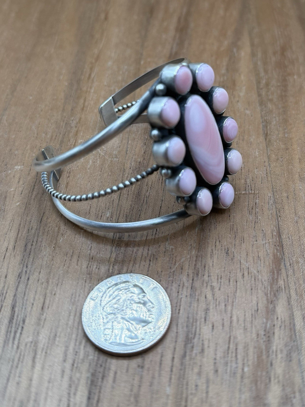 Navajo Handmade Sterling Silver Pink Conch Cluster Cuff Bracelet Large