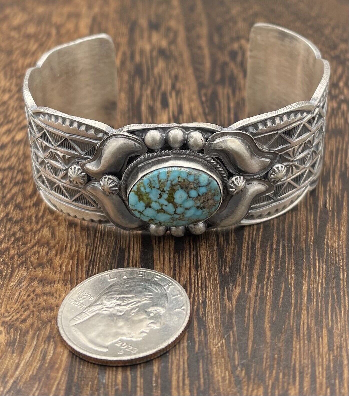 Native American Sterling Silver Navajo Handmade Kingman Turquoise Cuff Bracelet
