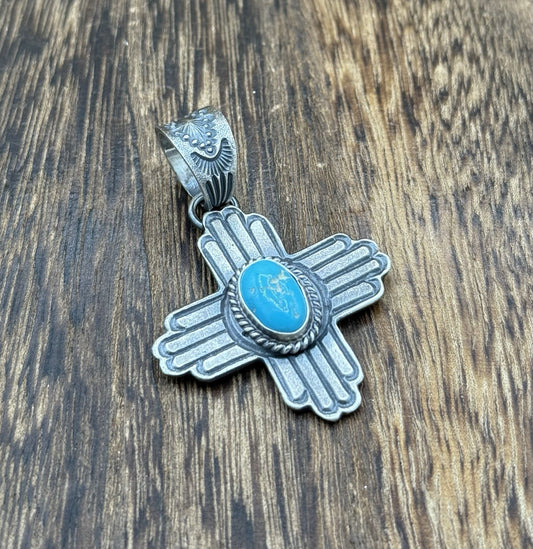 Navajo Handmade Sterling Silver Old Look Kingman Turquoise Zia Pendant Kevin B.