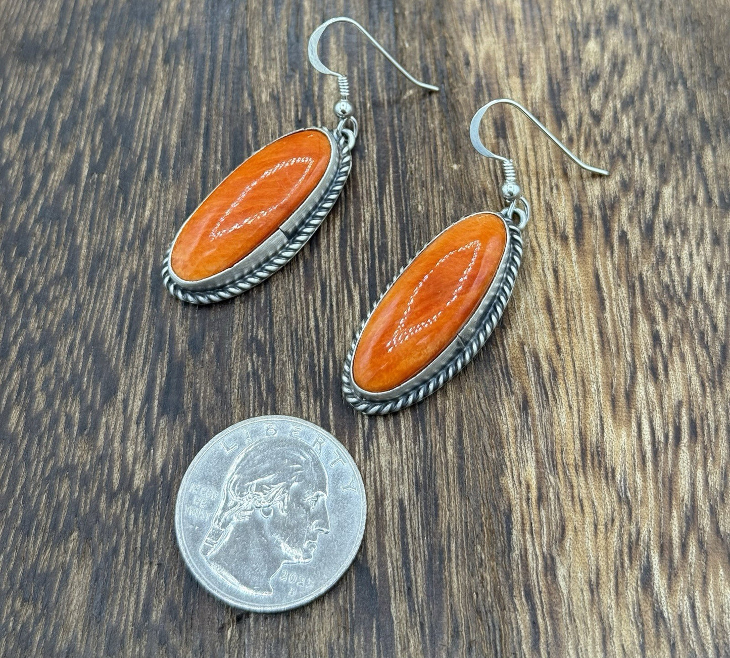 Native Navajo Handmade Sterling Silver Orange Spiny Oyster Shell Dangle Earrings
