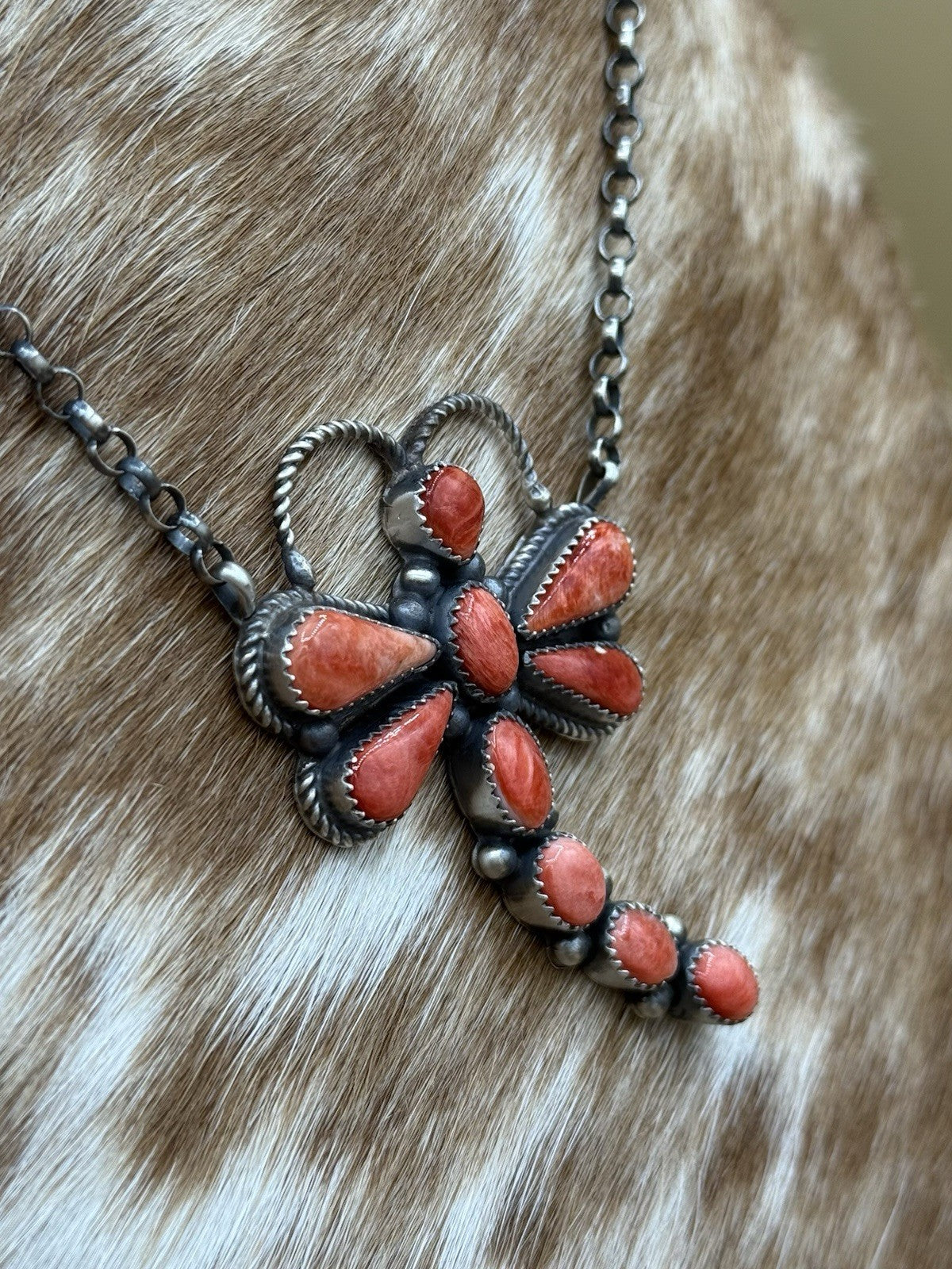 Navajo Handmade Sterling Silver Red Spiny Oyster Dragonfly Bar Necklace 18”